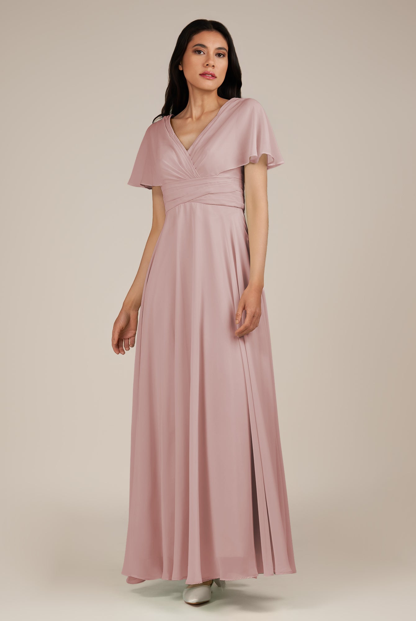 KissDress-Jasper Dusty Rose A Line Chiffon Cap Sleeves V Neck Long Bridesmaid Dress with Pleats