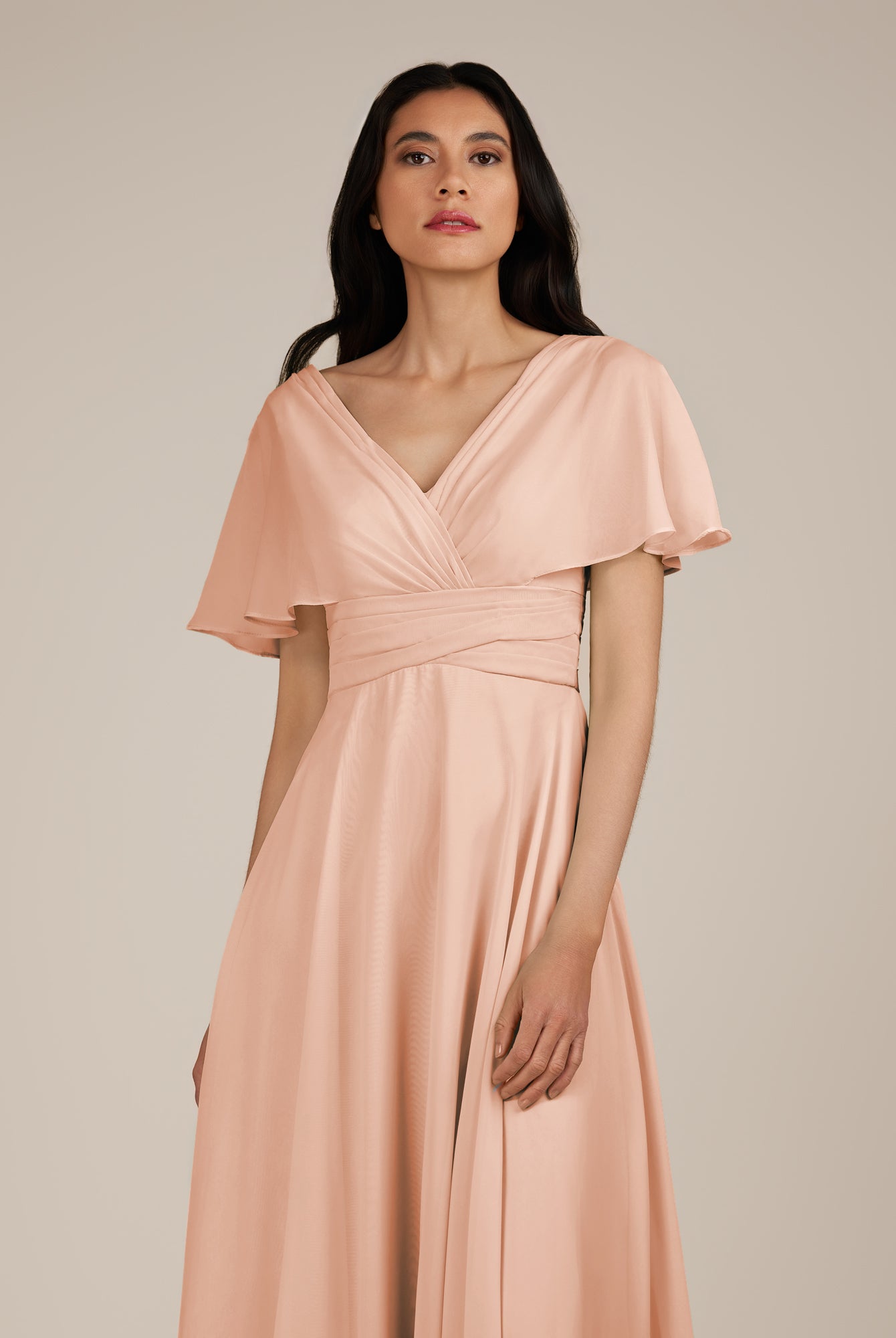KissDress-Jasper English Rose A Line Chiffon Cap Sleeves V Neck Long Bridesmaid Dress with Pleats