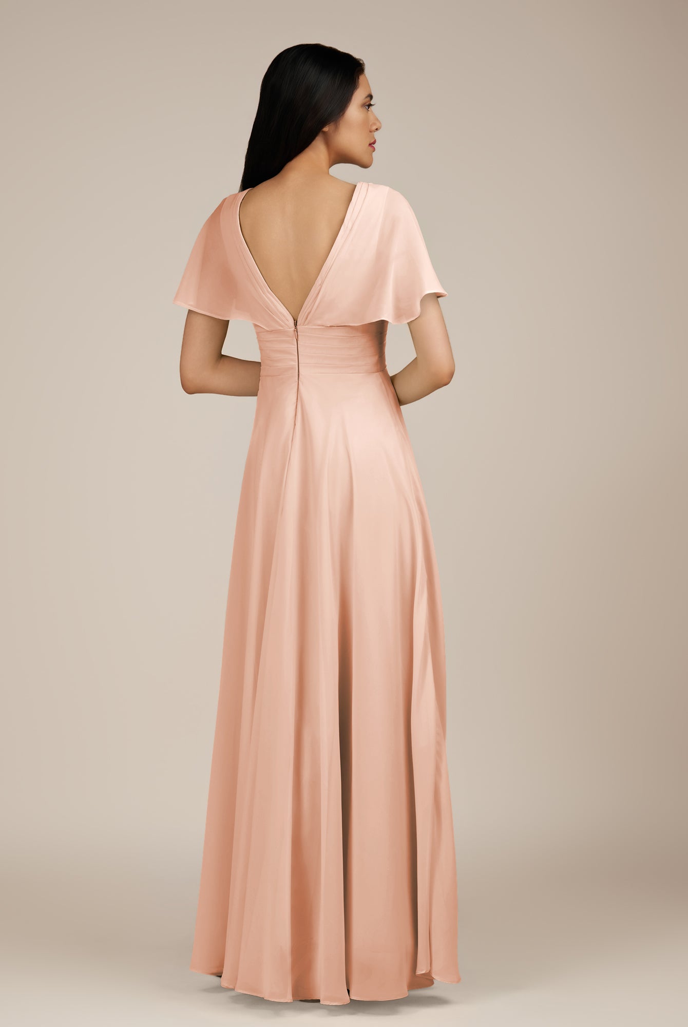 KissDress-Jasper English Rose A Line Chiffon Cap Sleeves V Neck Long Bridesmaid Dress with Pleats