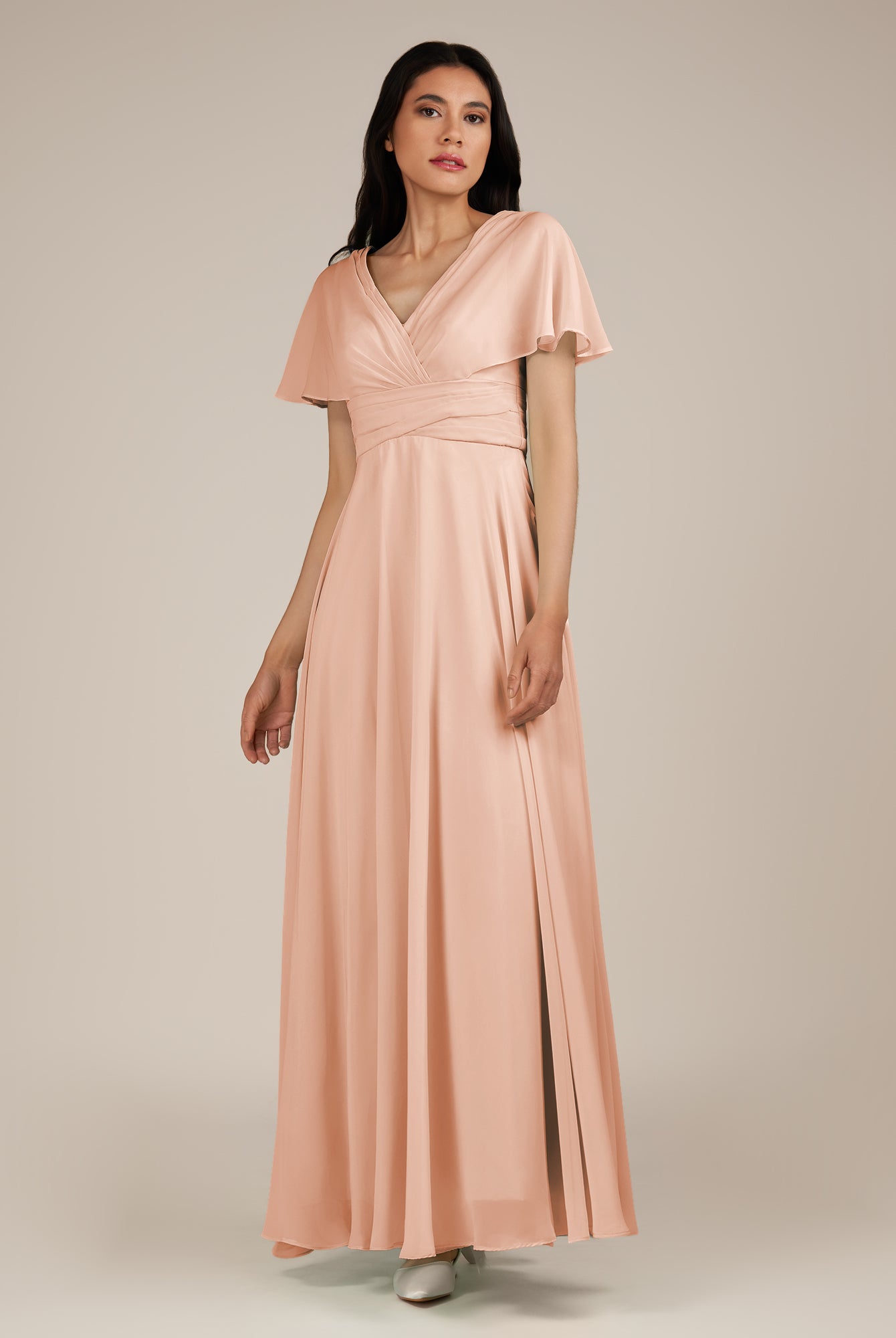 KissDress-Jasper English Rose A Line Chiffon Cap Sleeves V Neck Long Bridesmaid Dress with Pleats