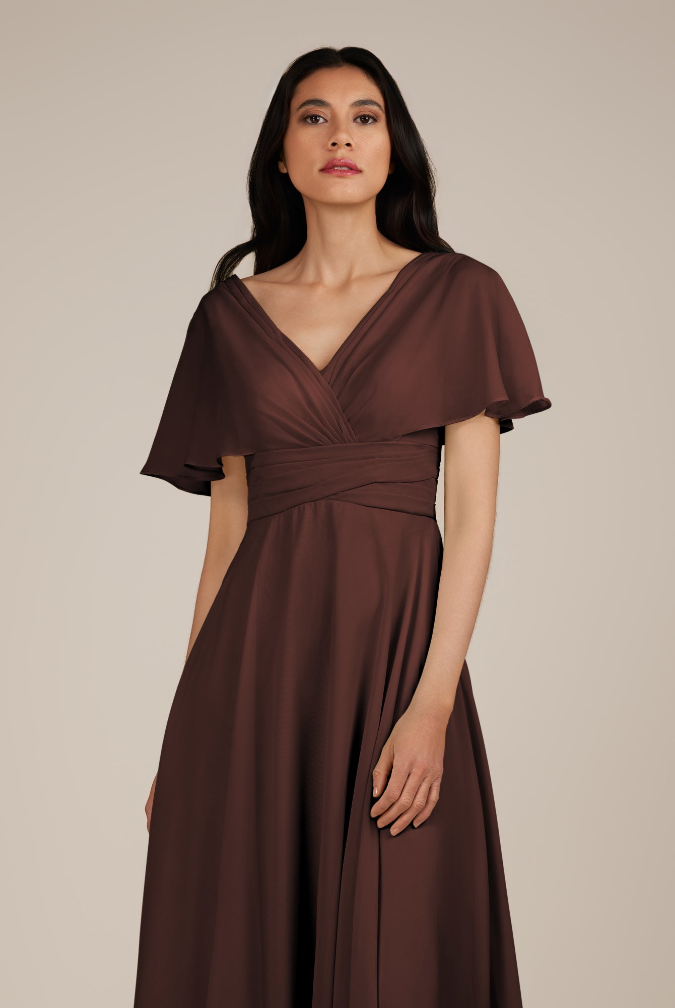 KissDress-Jasper Espresso A Line Chiffon Cap Sleeves V Neck Long Bridesmaid Dress with Pleats