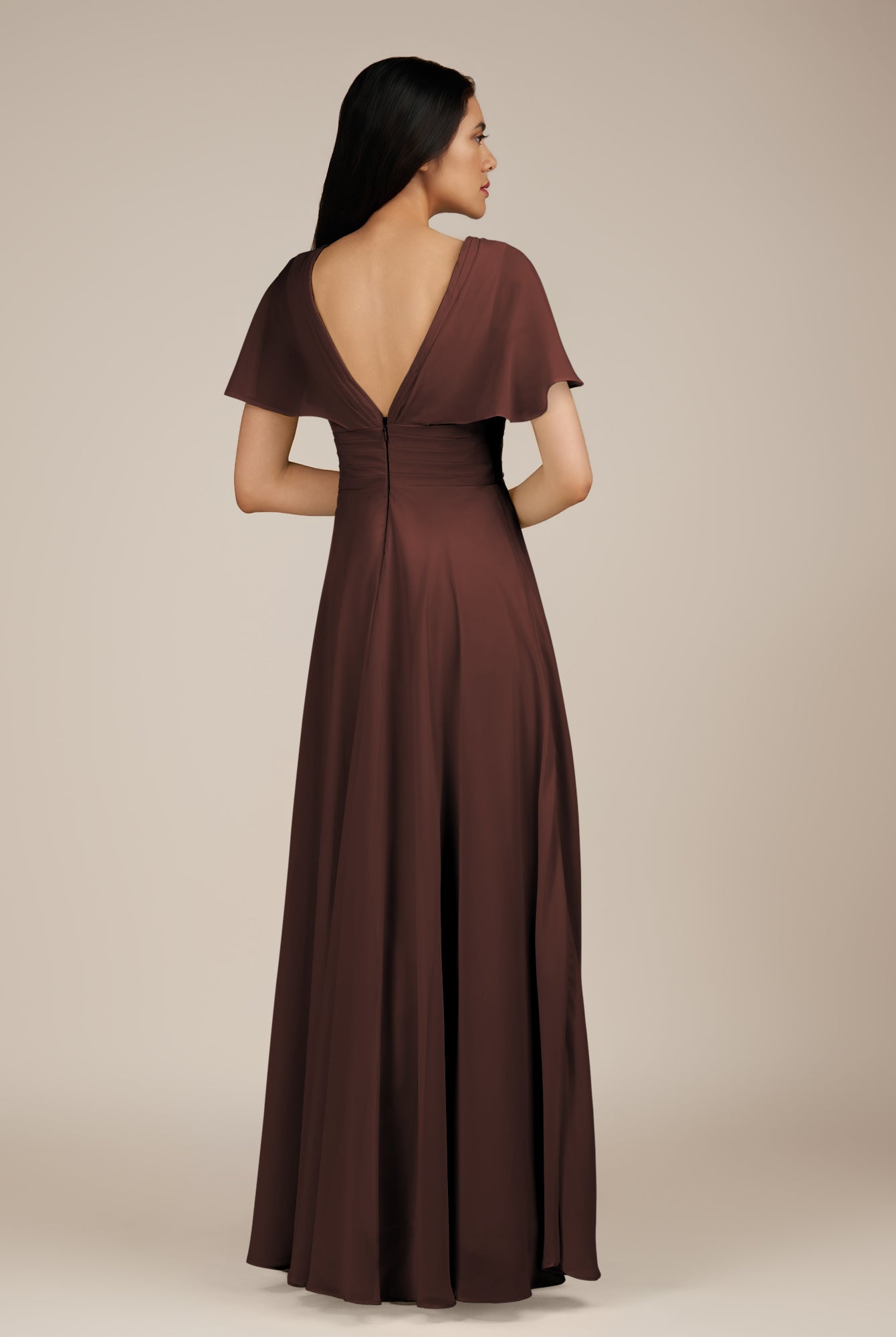 KissDress-Jasper Espresso A Line Chiffon Cap Sleeves V Neck Long Bridesmaid Dress with Pleats