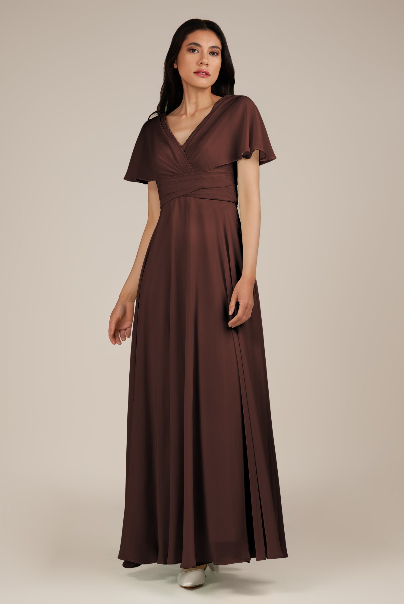 KissDress-Jasper Espresso A Line Chiffon Cap Sleeves V Neck Long Bridesmaid Dress with Pleats