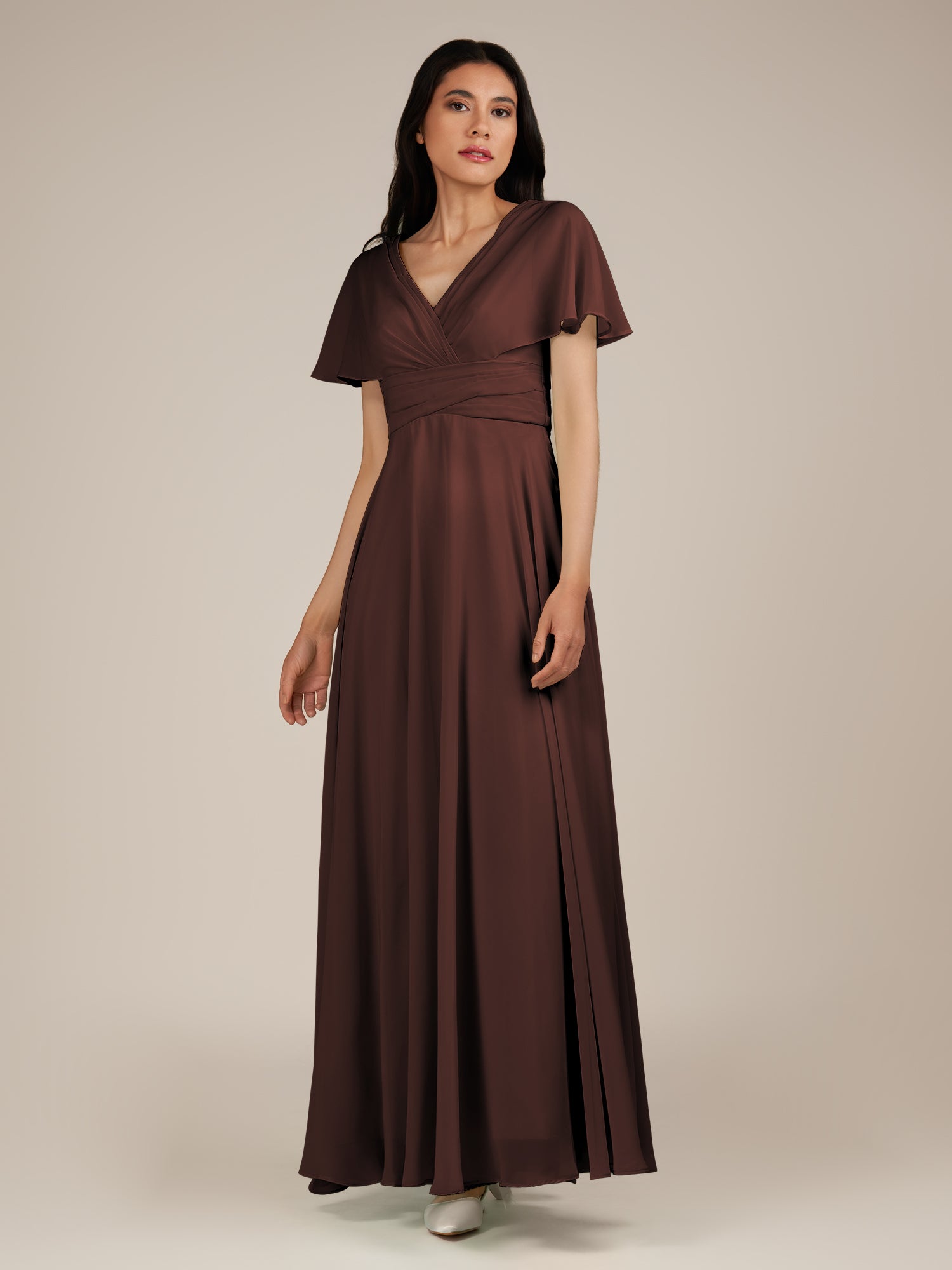 KissDress-Jasper Espresso A Line Chiffon Cap Sleeves V Neck Long Bridesmaid Dress with Pleats
