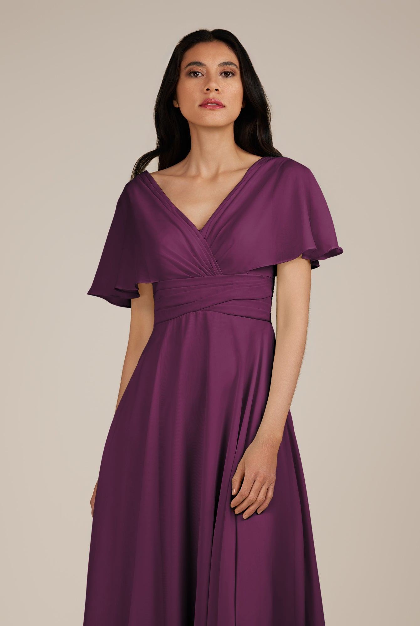KissDress-Jasper Fig A Line Chiffon Cap Sleeves V Neck Long Bridesmaid Dress with Pleats