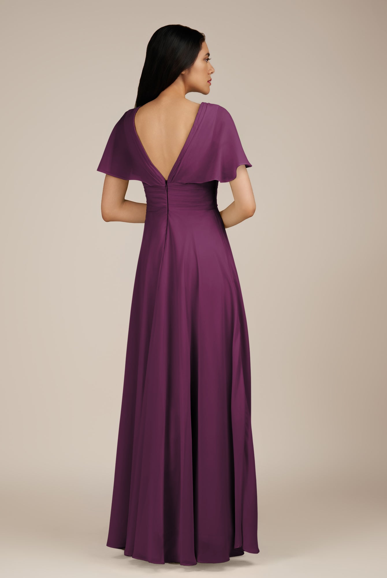 KissDress-Jasper Fig A Line Chiffon Cap Sleeves V Neck Long Bridesmaid Dress with Pleats
