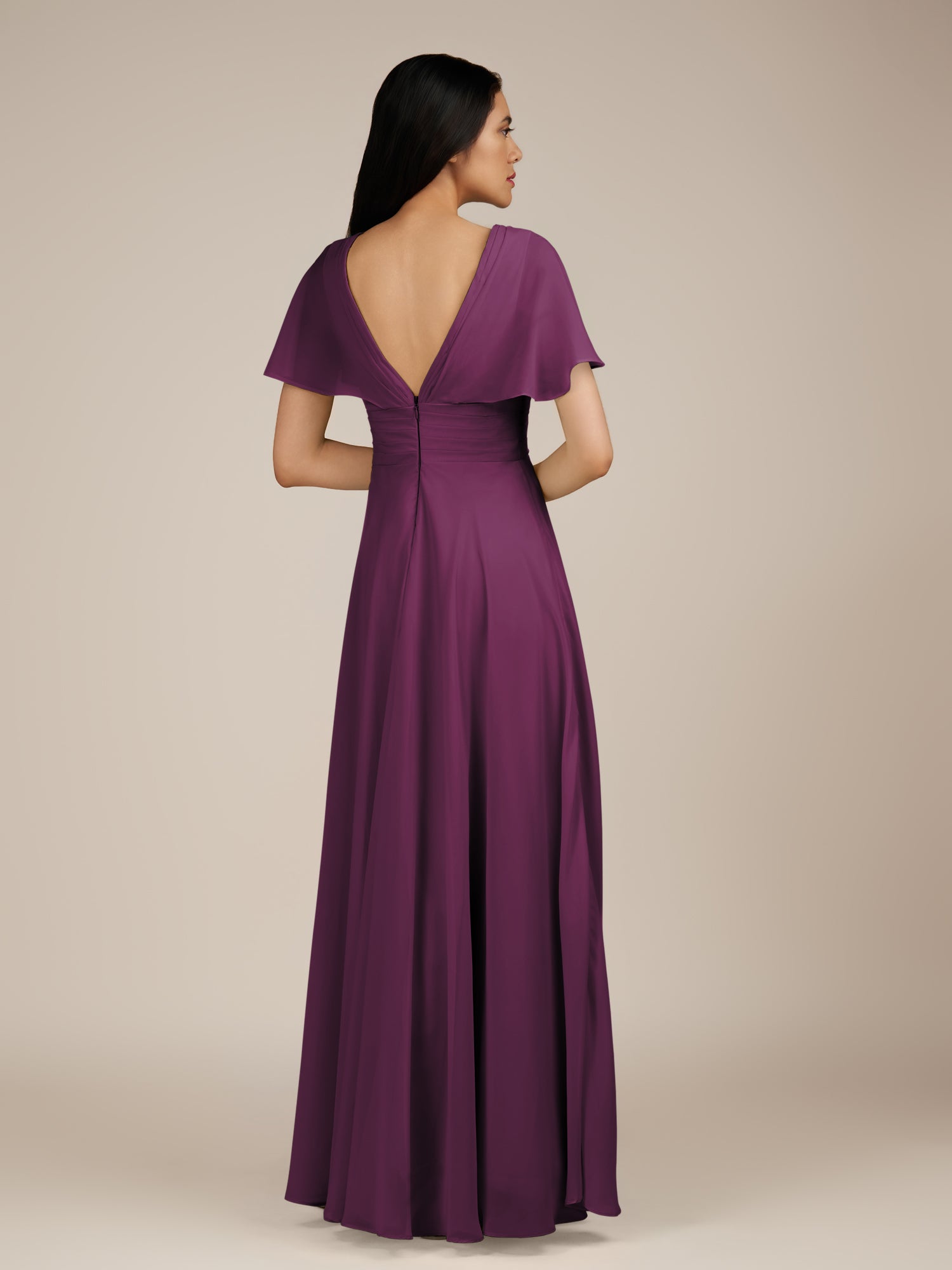 KissDress-Jasper Fig A Line Chiffon Cap Sleeves V Neck Long Bridesmaid Dress with Pleats