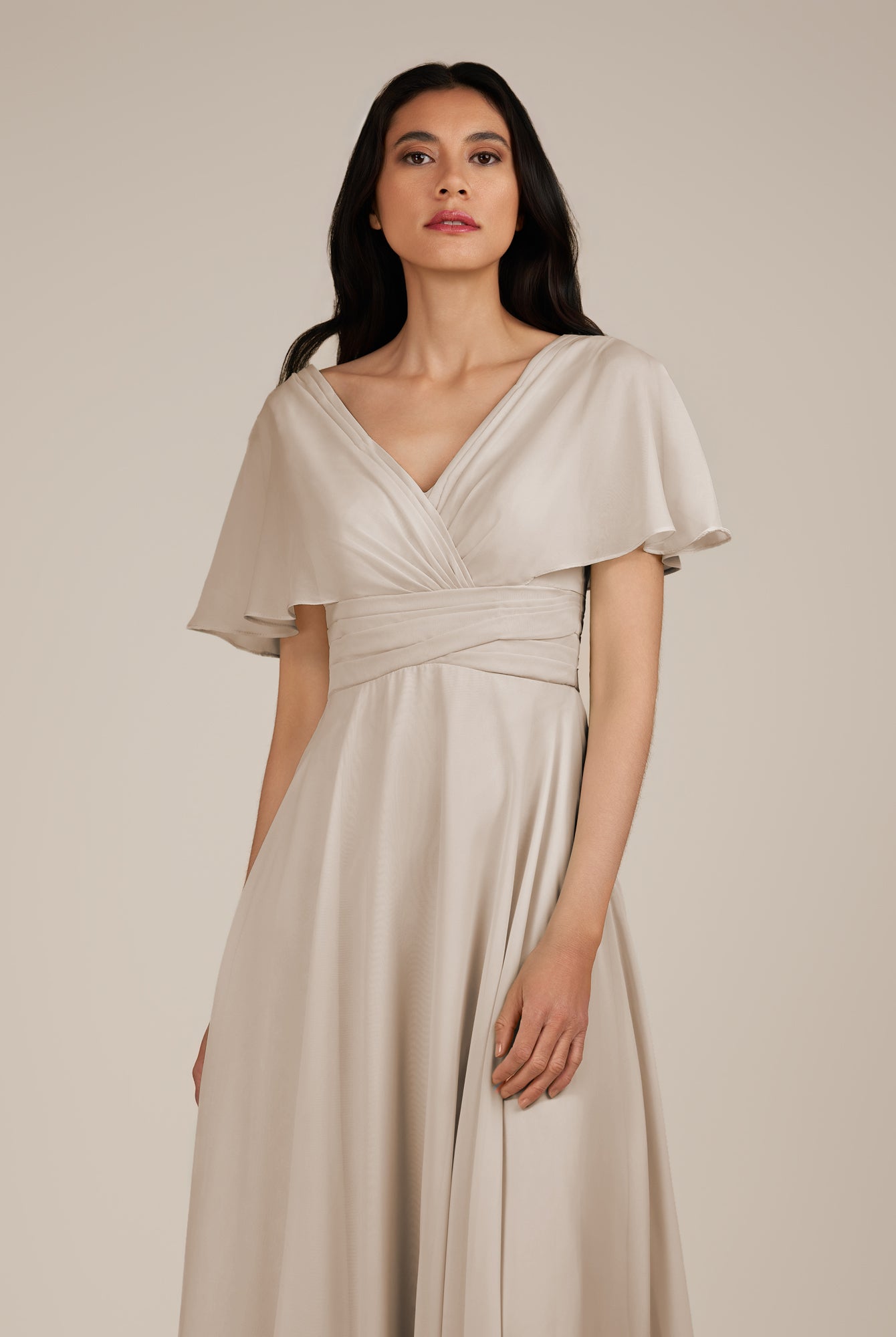 KissDress-Jasper Frost A Line Chiffon Cap Sleeves V Neck Long Bridesmaid Dress with Pleats