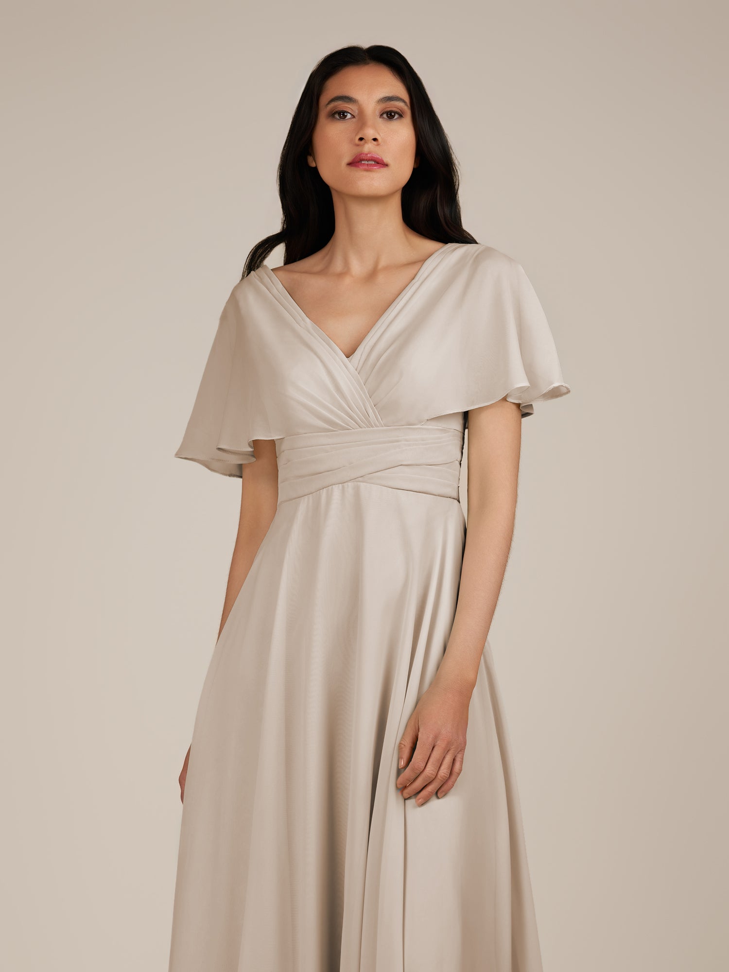 KissDress-Jasper Frost A Line Chiffon Cap Sleeves V Neck Long Bridesmaid Dress with Pleats