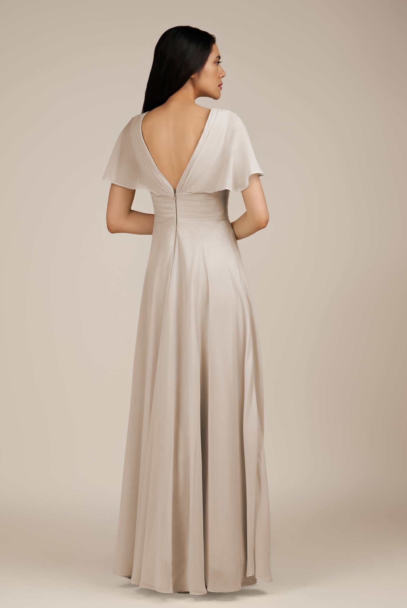 KissDress-Jasper Frost A Line Chiffon Cap Sleeves V Neck Long Bridesmaid Dress with Pleats