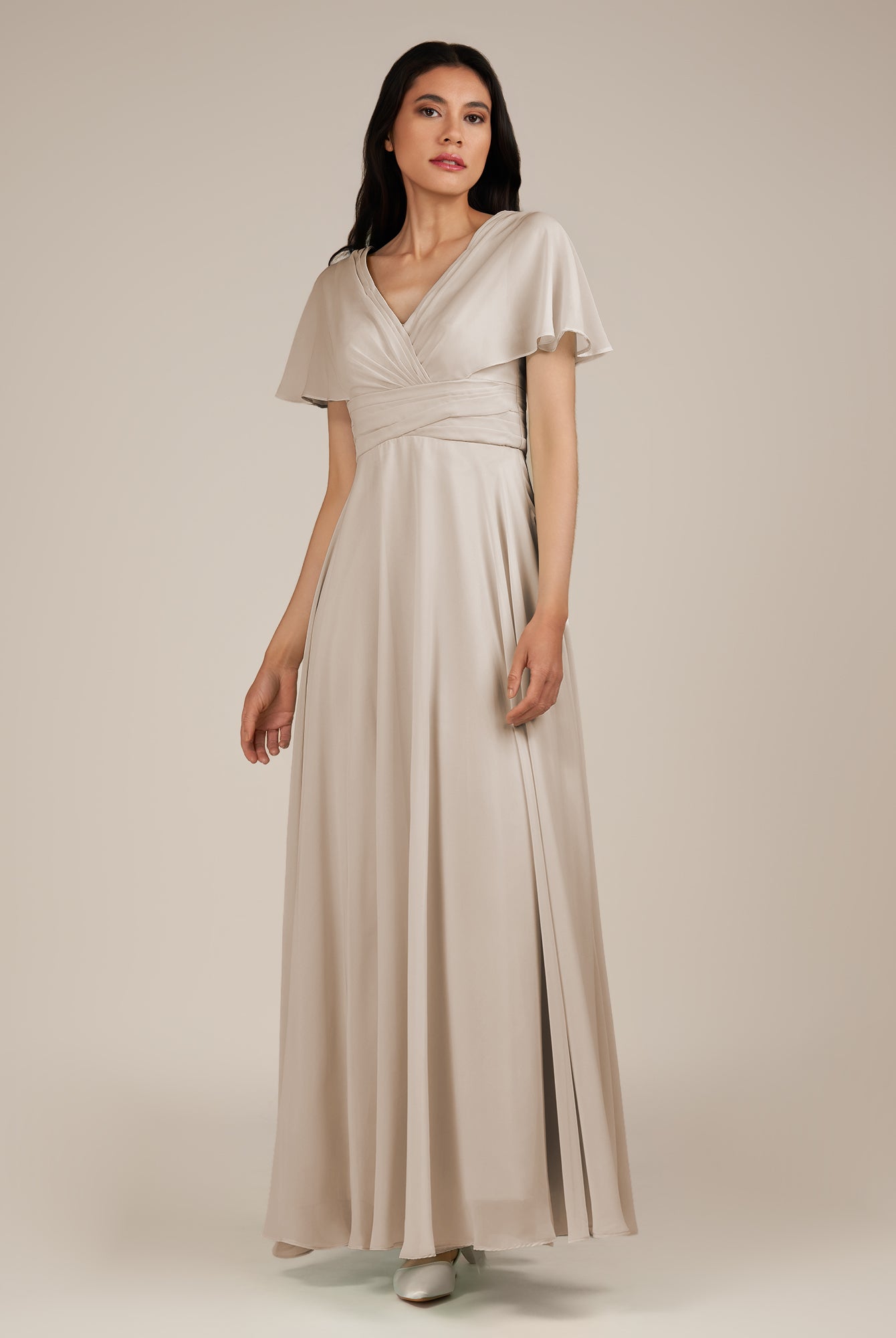 KissDress-Jasper Frost A Line Chiffon Cap Sleeves V Neck Long Bridesmaid Dress with Pleats