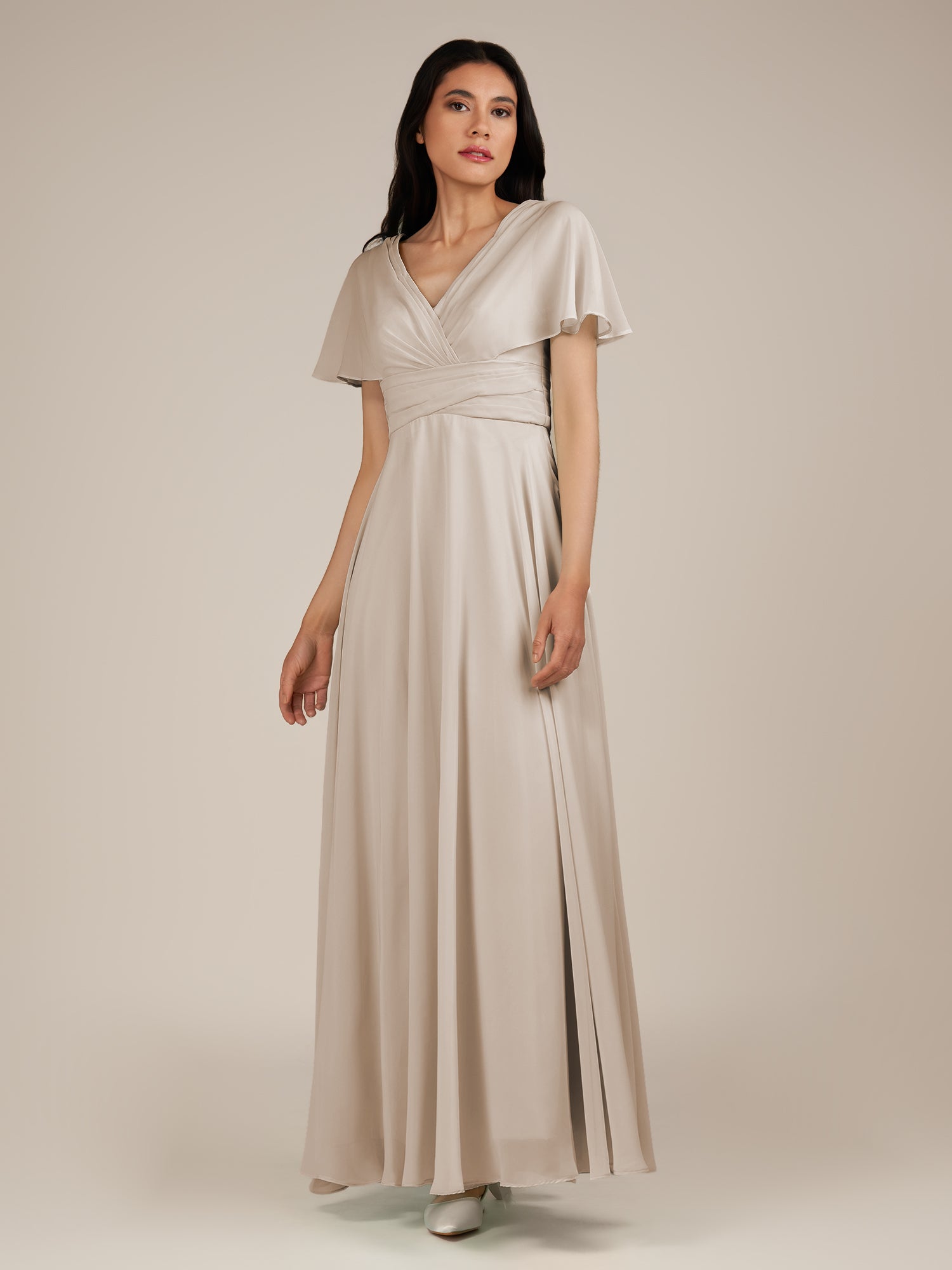 KissDress-Jasper Frost A Line Chiffon Cap Sleeves V Neck Long Bridesmaid Dress with Pleats