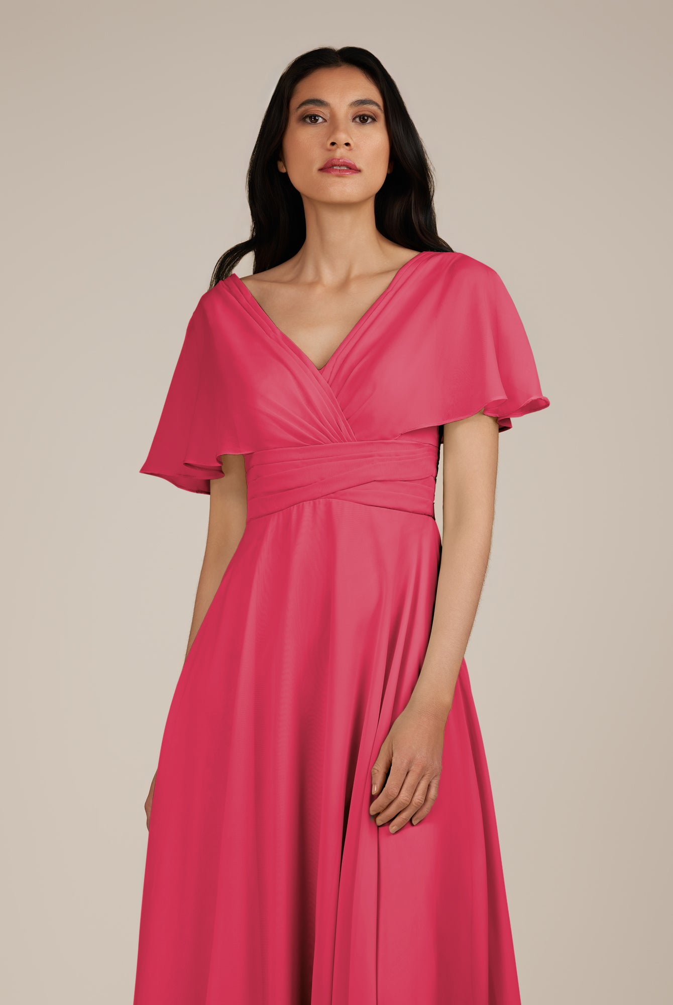 KissDress-Jasper Fuchsia A Line Chiffon Cap Sleeves V Neck Long Bridesmaid Dress with Pleats