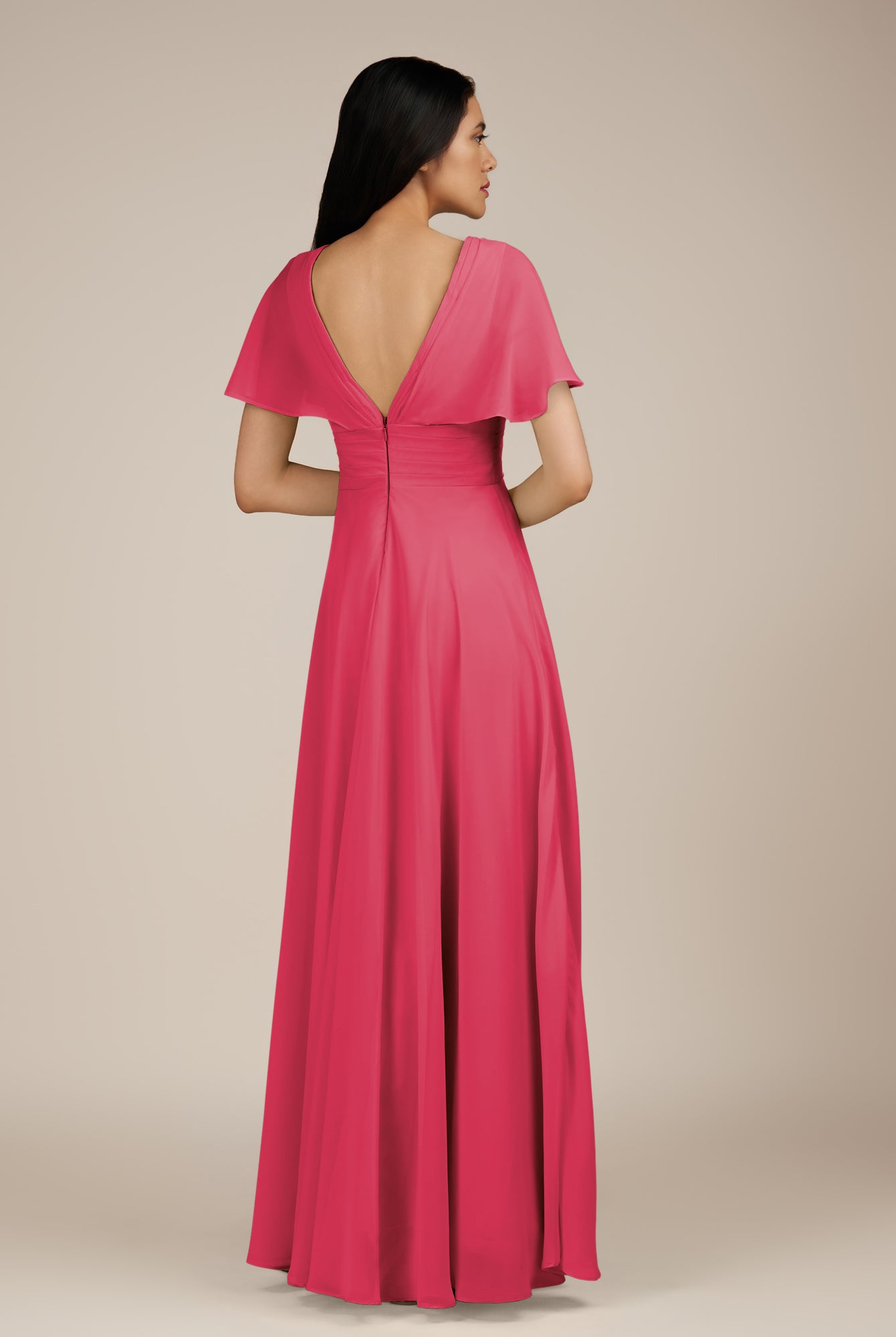KissDress-Jasper Fuchsia A Line Chiffon Cap Sleeves V Neck Long Bridesmaid Dress with Pleats