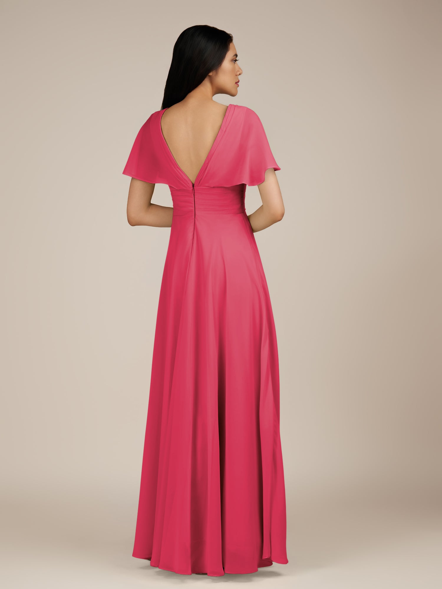 KissDress-Jasper Fuchsia A Line Chiffon Cap Sleeves V Neck Long Bridesmaid Dress with Pleats