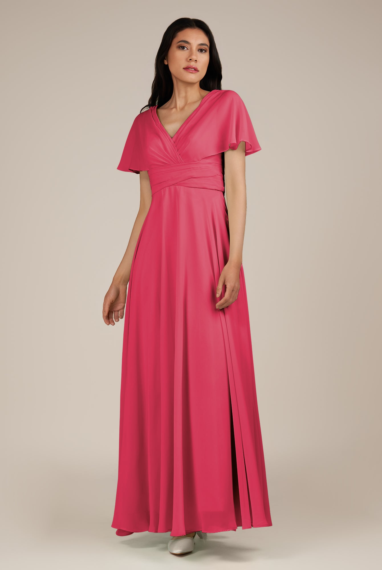 KissDress-Jasper Fuchsia A Line Chiffon Cap Sleeves V Neck Long Bridesmaid Dress with Pleats