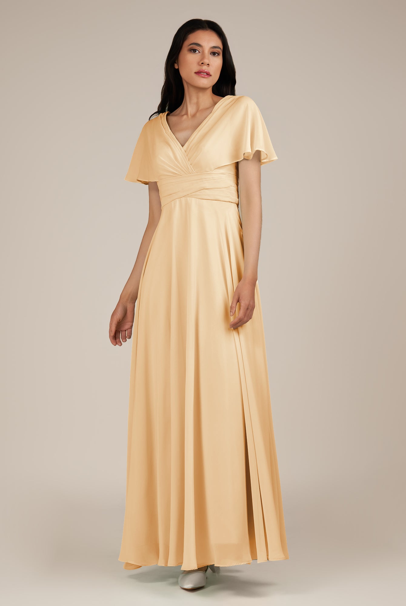 KissDress-Jasper Golden Champagne A Line Chiffon Cap Sleeves V Neck Long Bridesmaid Dress with Pleats