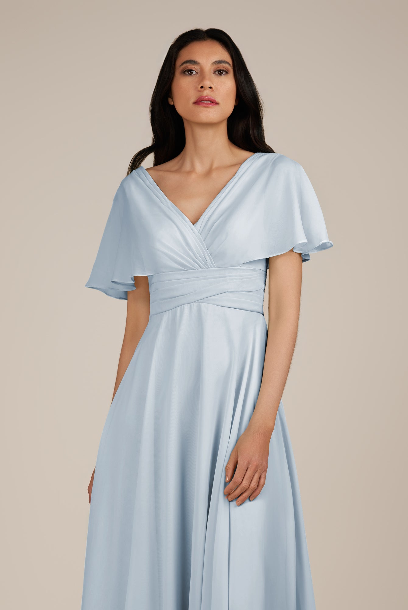 KissDress-Jasper Ice A Line Chiffon Cap Sleeves V Neck Long Bridesmaid Dress with Pleats