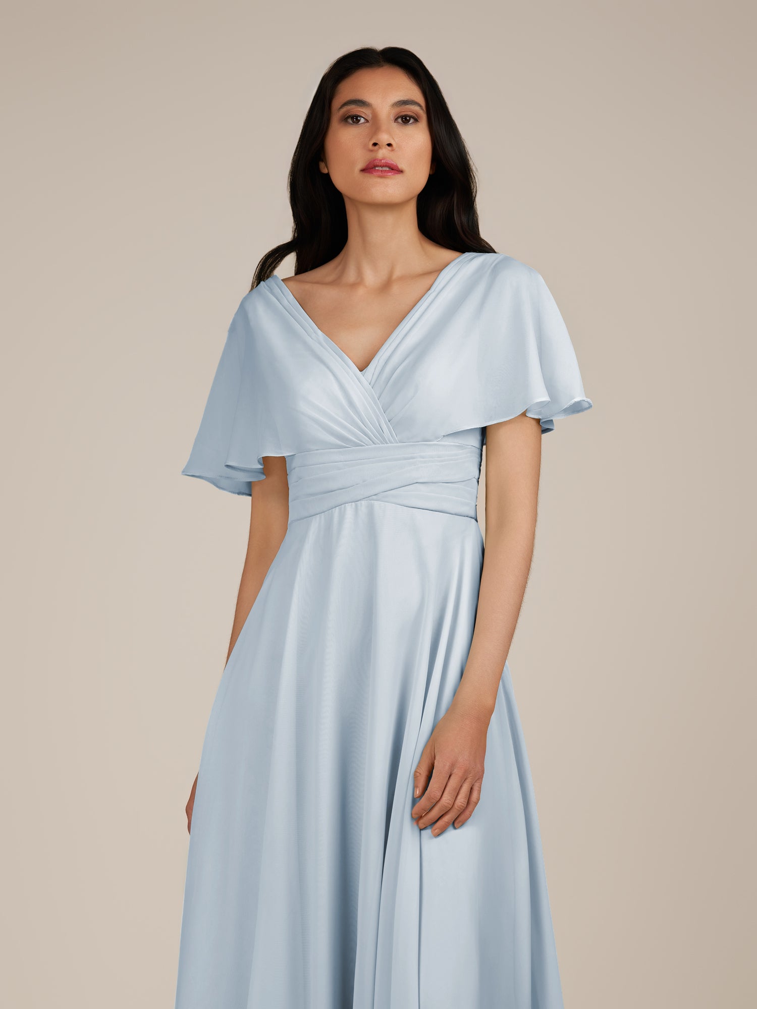 KissDress-Jasper Ice A Line Chiffon Cap Sleeves V Neck Long Bridesmaid Dress with Pleats