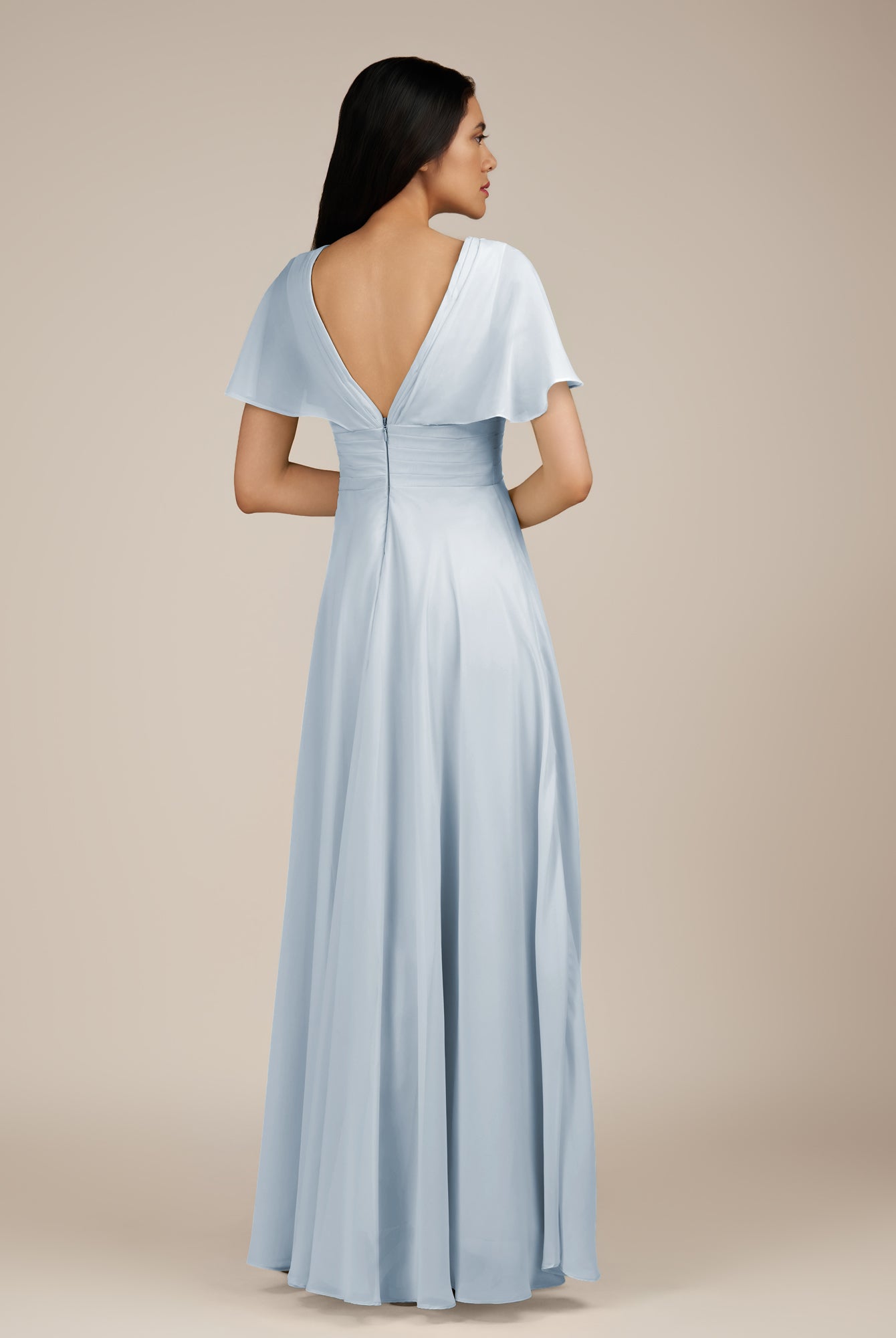 KissDress-Jasper Ice A Line Chiffon Cap Sleeves V Neck Long Bridesmaid Dress with Pleats