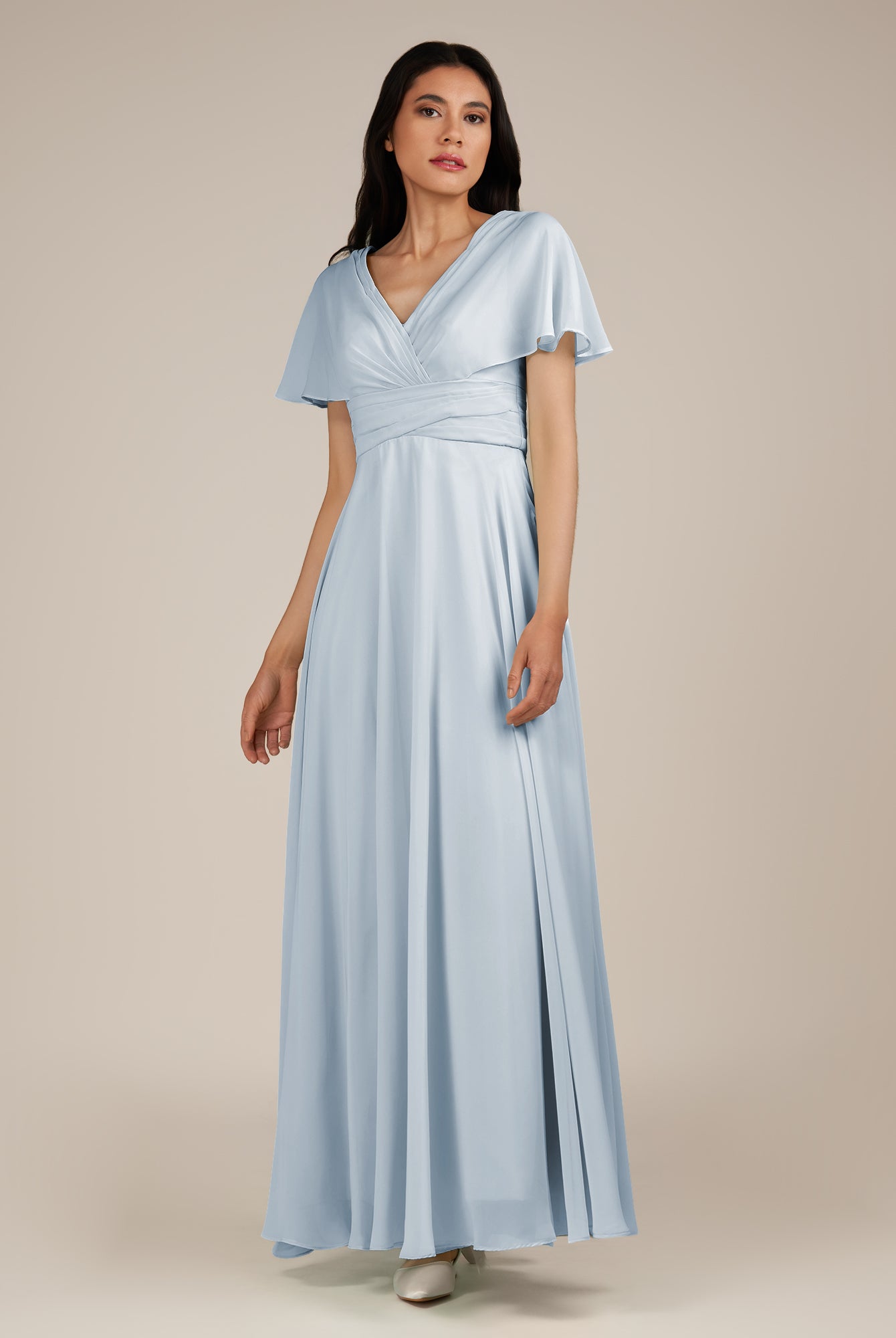 KissDress-Jasper Ice A Line Chiffon Cap Sleeves V Neck Long Bridesmaid Dress with Pleats