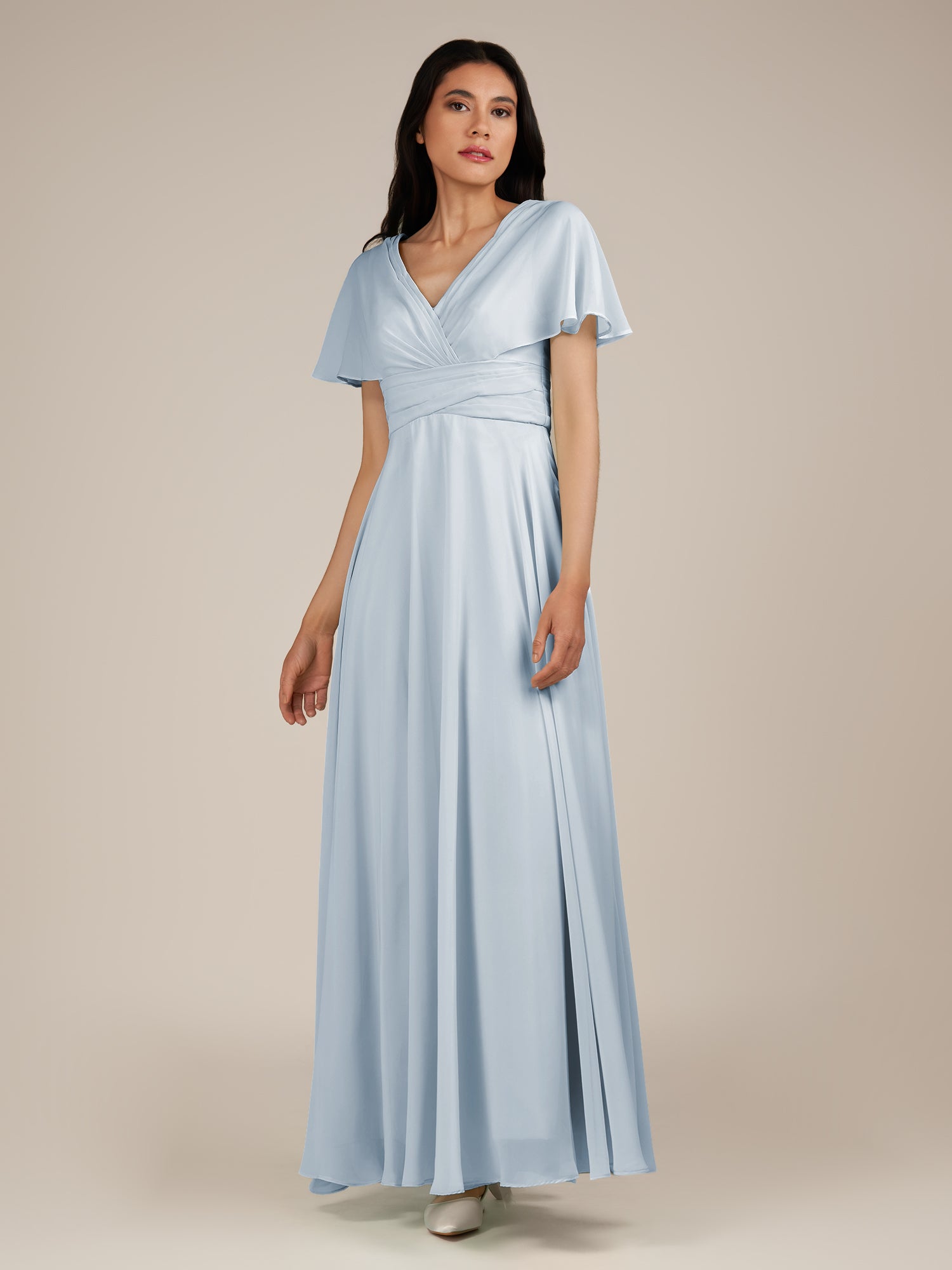 KissDress-Jasper Ice A Line Chiffon Cap Sleeves V Neck Long Bridesmaid Dress with Pleats