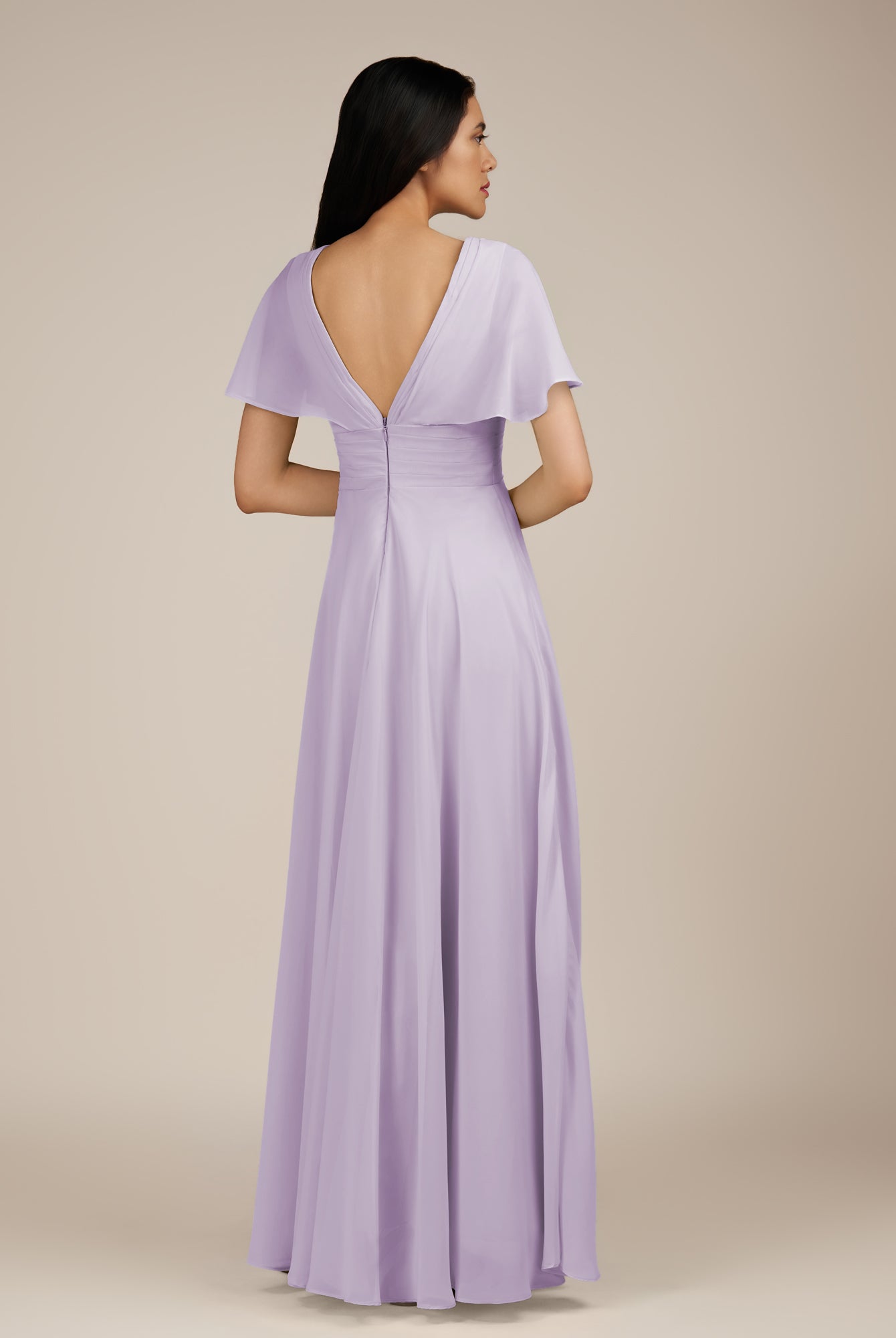 KissDress-Jasper Lavender A Line Chiffon Cap Sleeves V Neck Long Bridesmaid Dress with Pleats