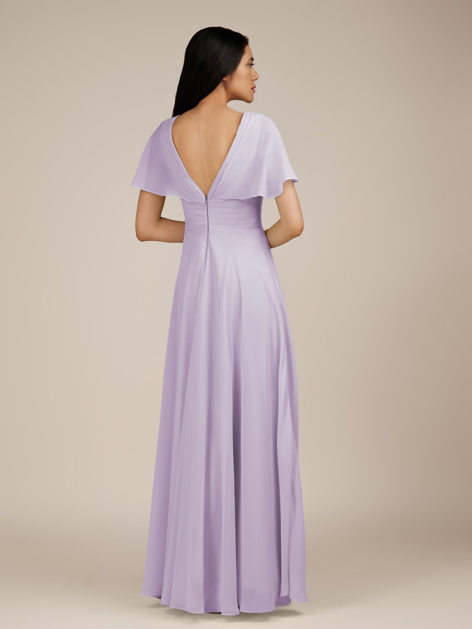 KissDress-Jasper Lavender A Line Chiffon Cap Sleeves V Neck Long Bridesmaid Dress with Pleats