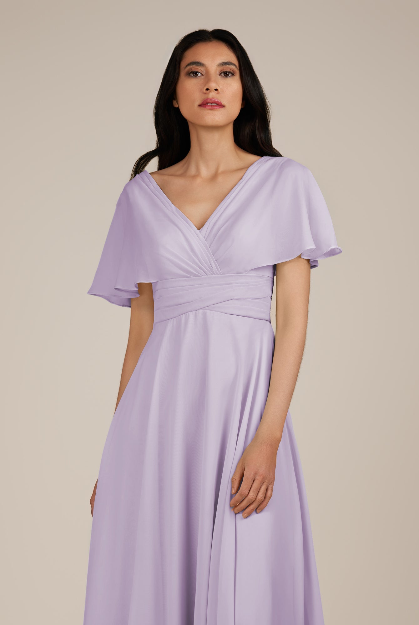 KissDress-Jasper Lavender A Line Chiffon Cap Sleeves V Neck Long Bridesmaid Dress with Pleats