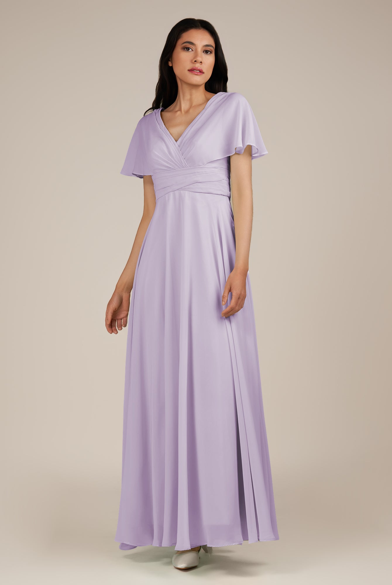 KissDress-Jasper Lavender A Line Chiffon Cap Sleeves V Neck Long Bridesmaid Dress with Pleats