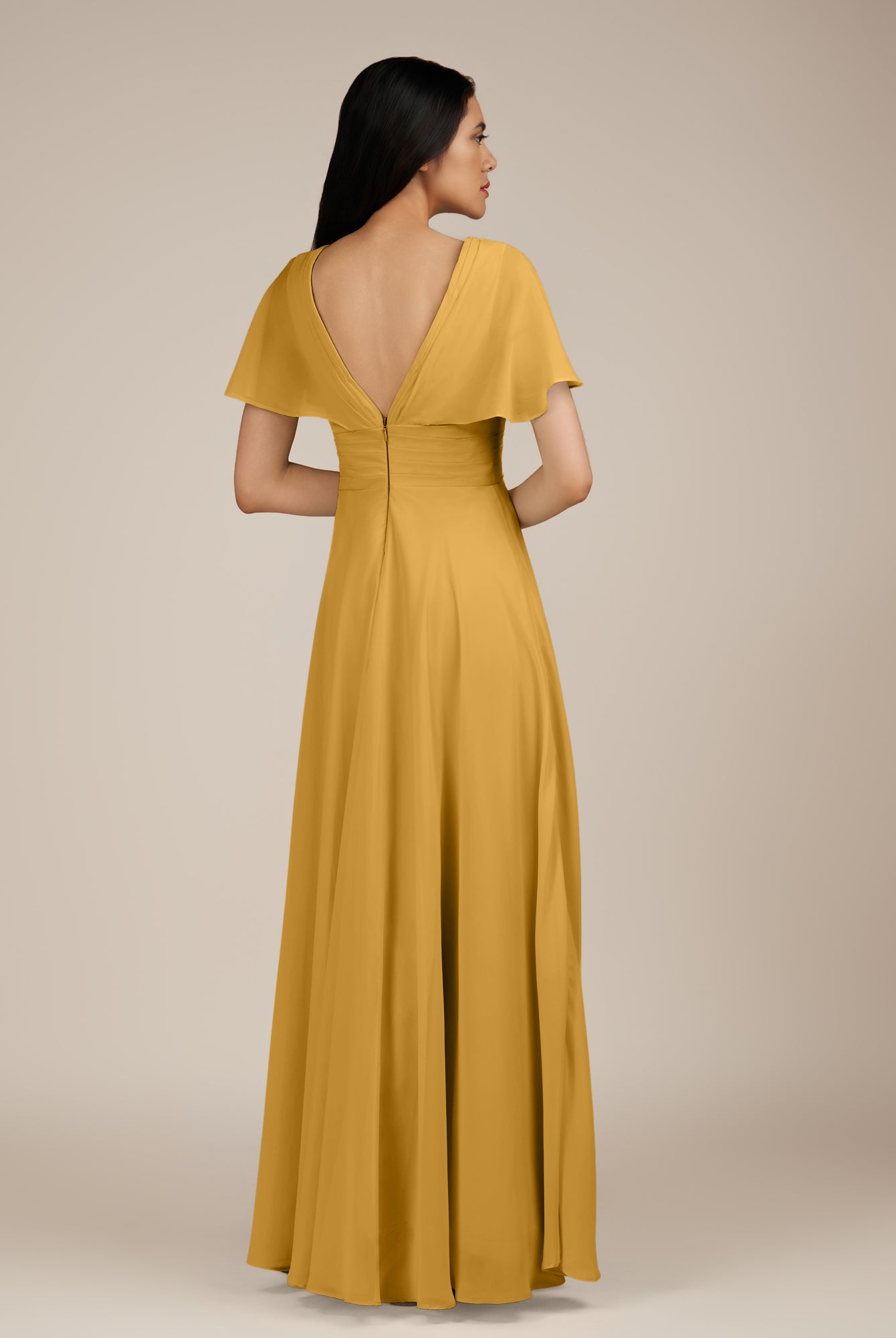 KissDress-Jasper Marigold A Line Chiffon Cap Sleeves V Neck Long Bridesmaid Dress with Pleats