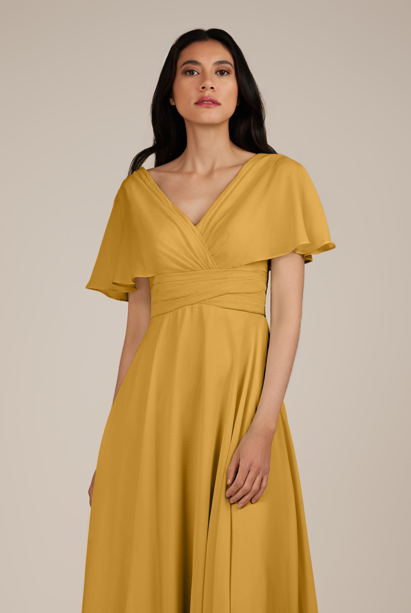 KissDress-Jasper Marigold A Line Chiffon Cap Sleeves V Neck Long Bridesmaid Dress with Pleats
