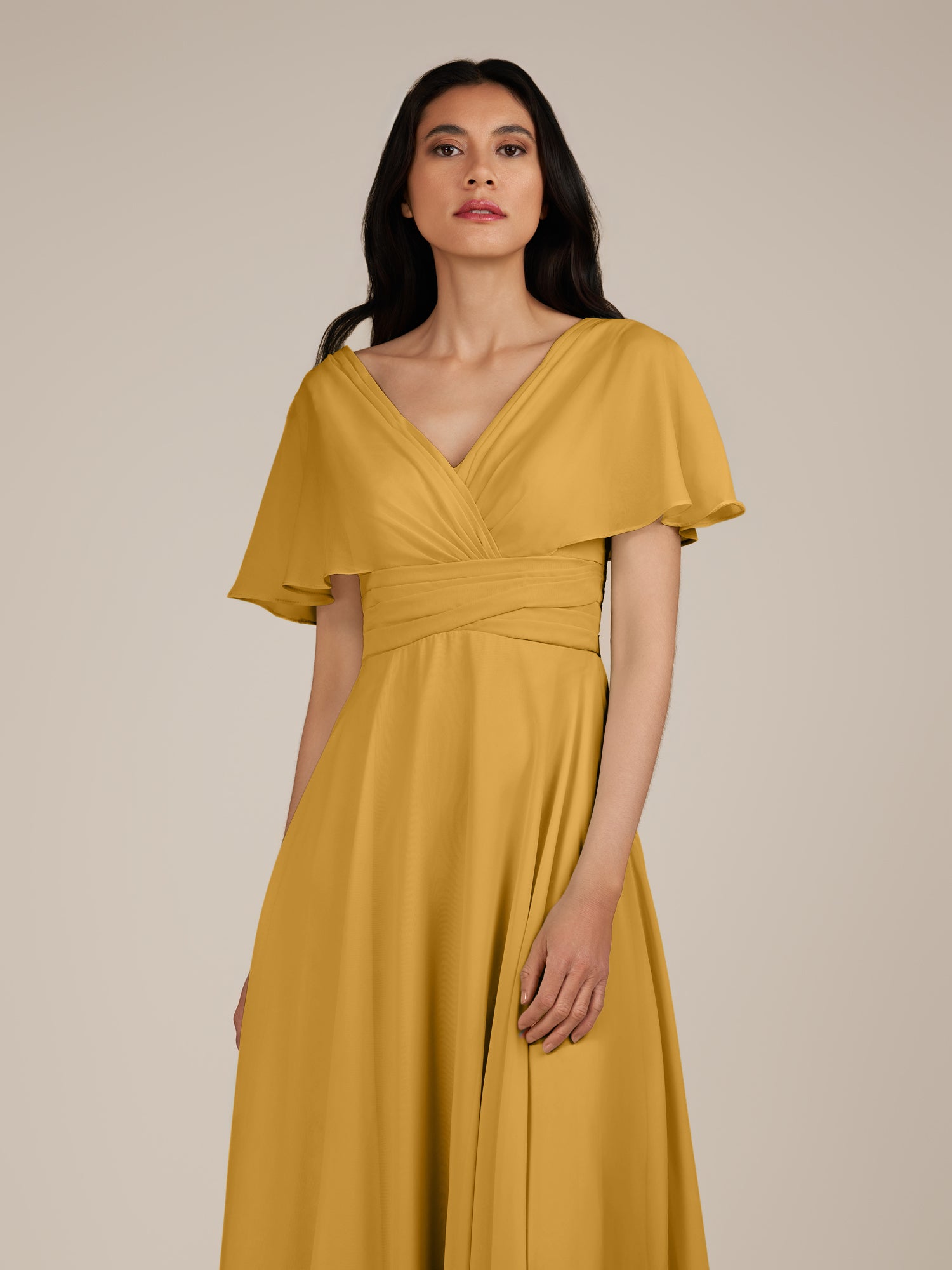 KissDress-Jasper Marigold A Line Chiffon Cap Sleeves V Neck Long Bridesmaid Dress with Pleats
