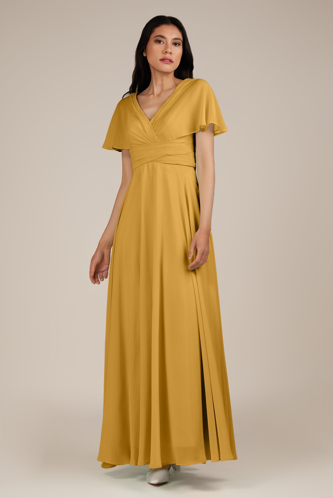 KissDress-Jasper Marigold A Line Chiffon Cap Sleeves V Neck Long Bridesmaid Dress with Pleats