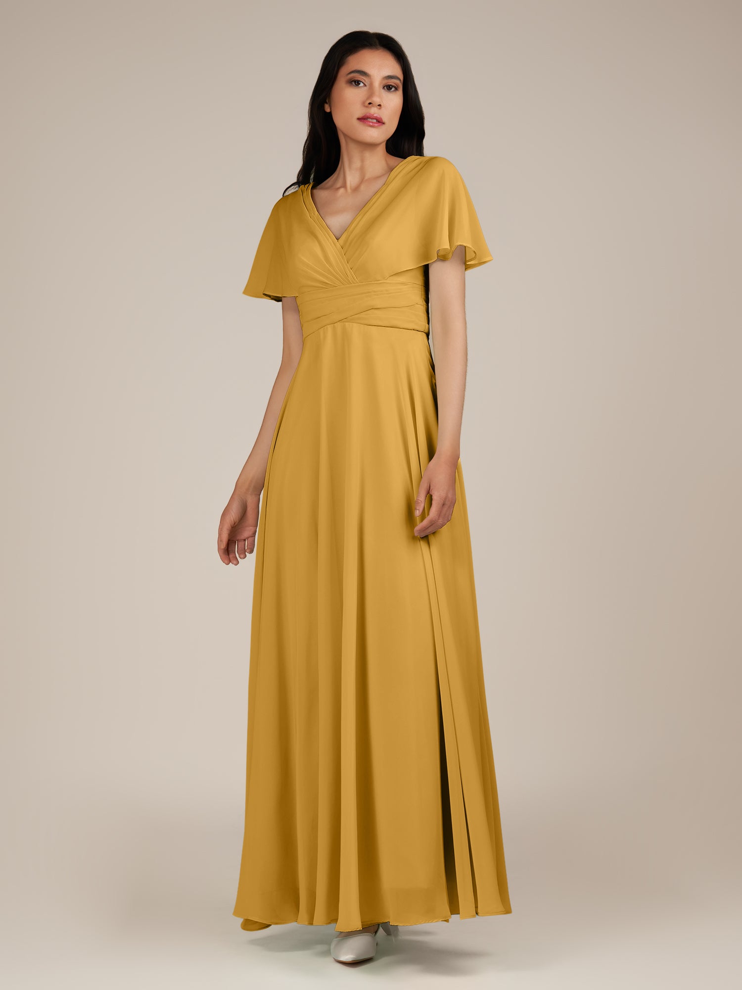 KissDress-Jasper Marigold A Line Chiffon Cap Sleeves V Neck Long Bridesmaid Dress with Pleats