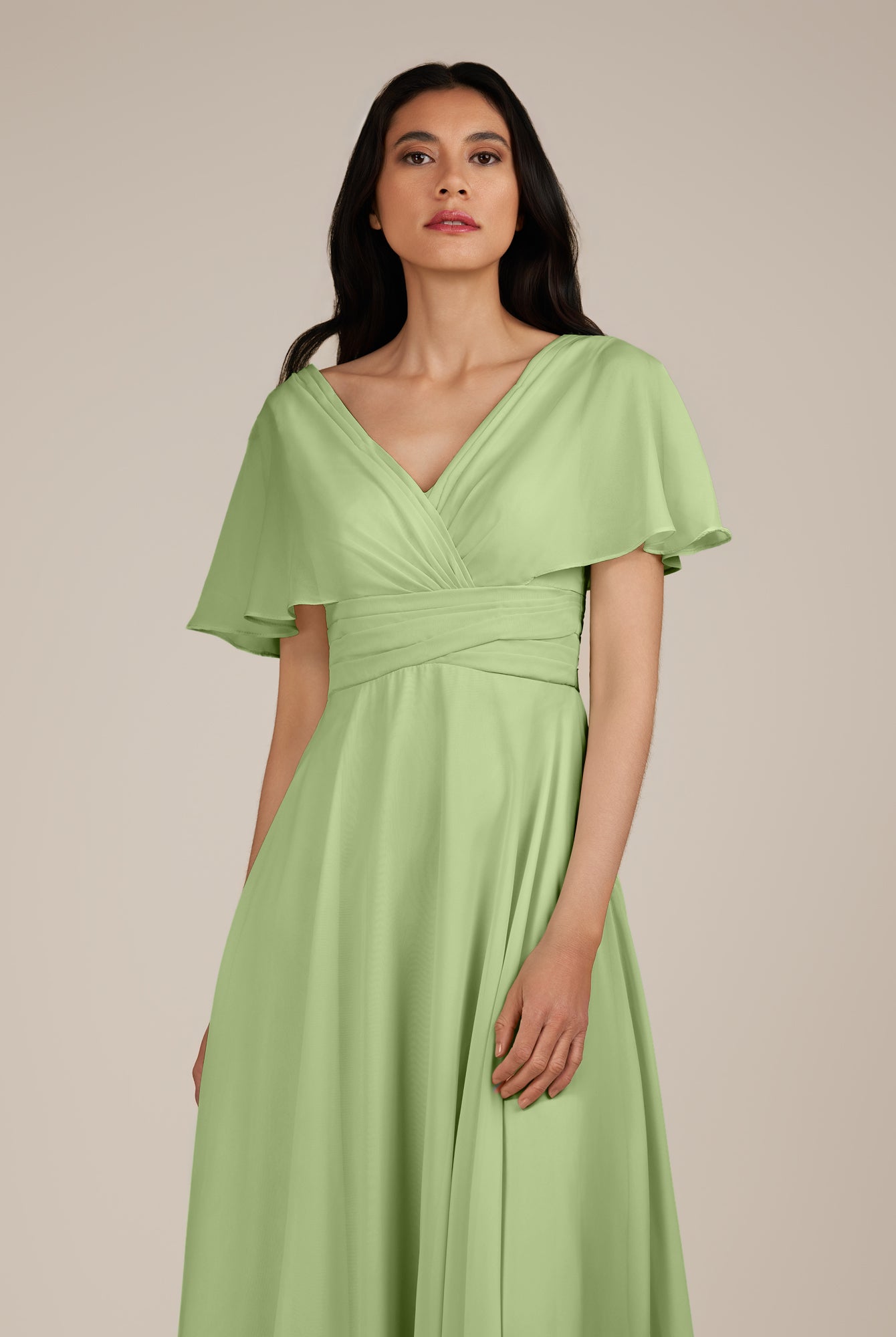 KissDress-Jasper Matcha A Line Chiffon Cap Sleeves V Neck Long Bridesmaid Dress with Pleats