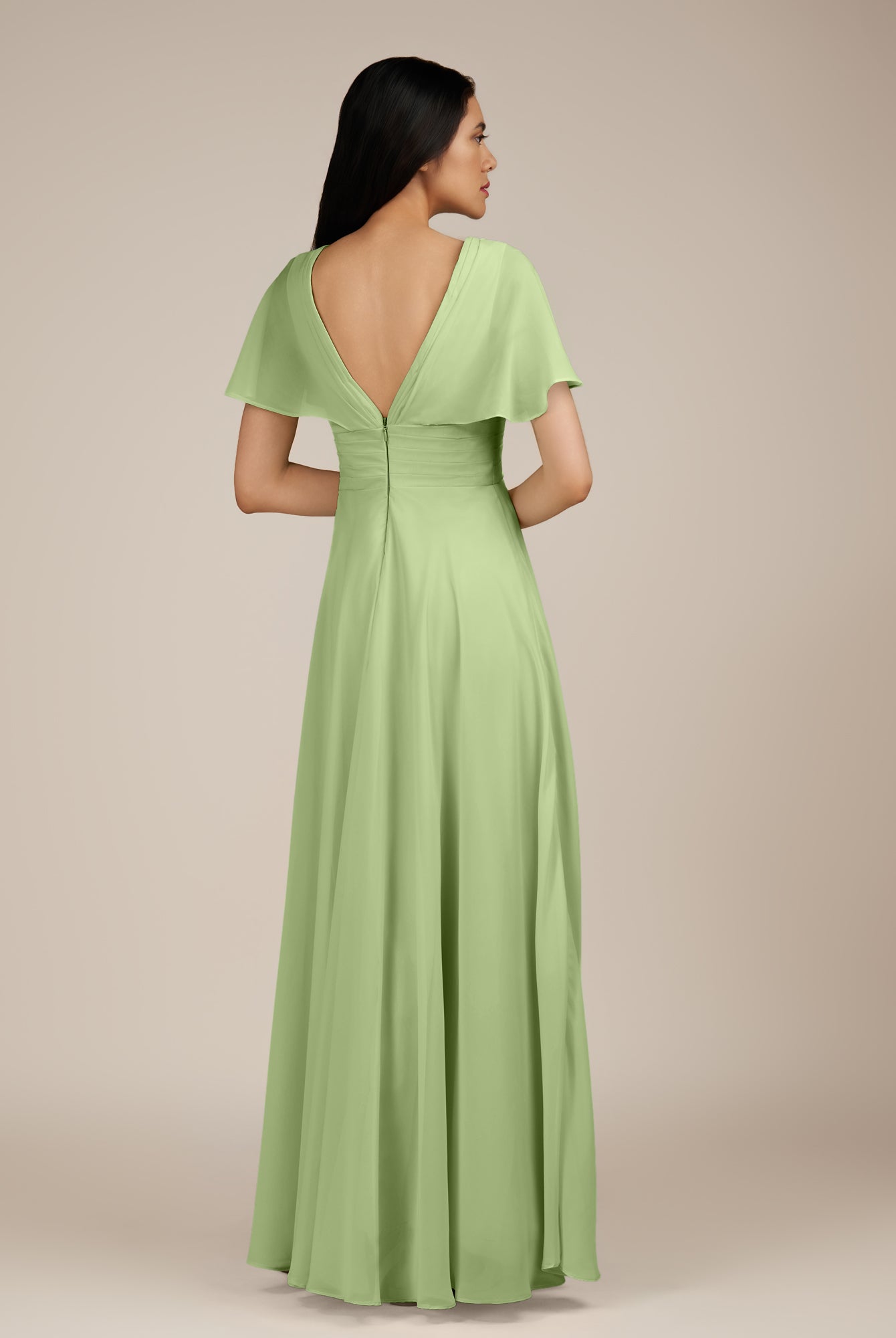KissDress-Jasper Matcha A Line Chiffon Cap Sleeves V Neck Long Bridesmaid Dress with Pleats