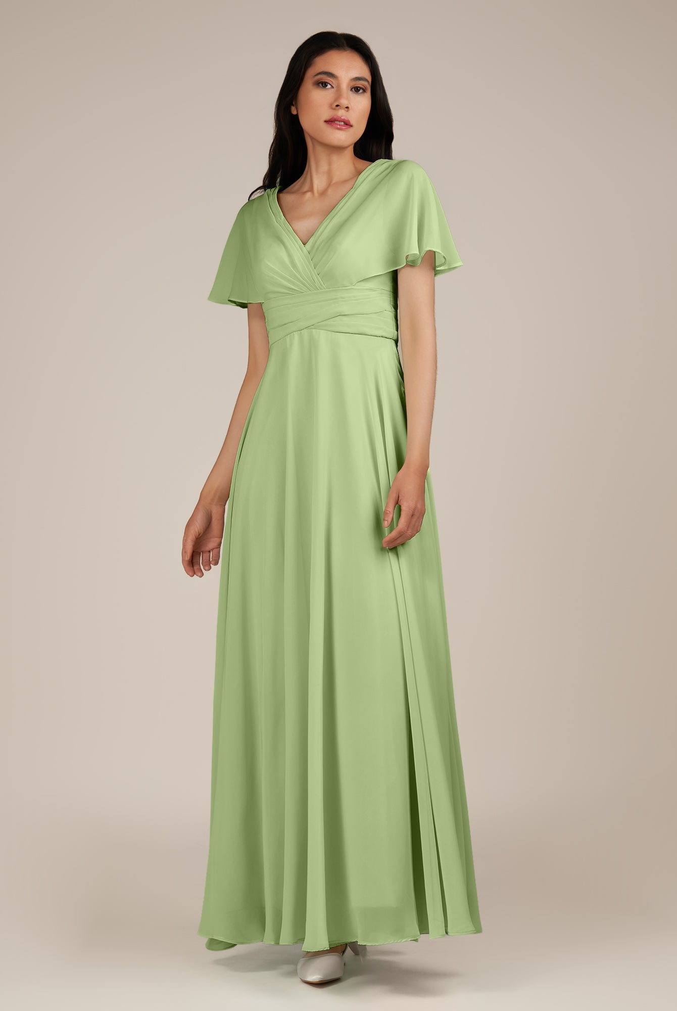 KissDress-Jasper Matcha A Line Chiffon Cap Sleeves V Neck Long Bridesmaid Dress with Pleats