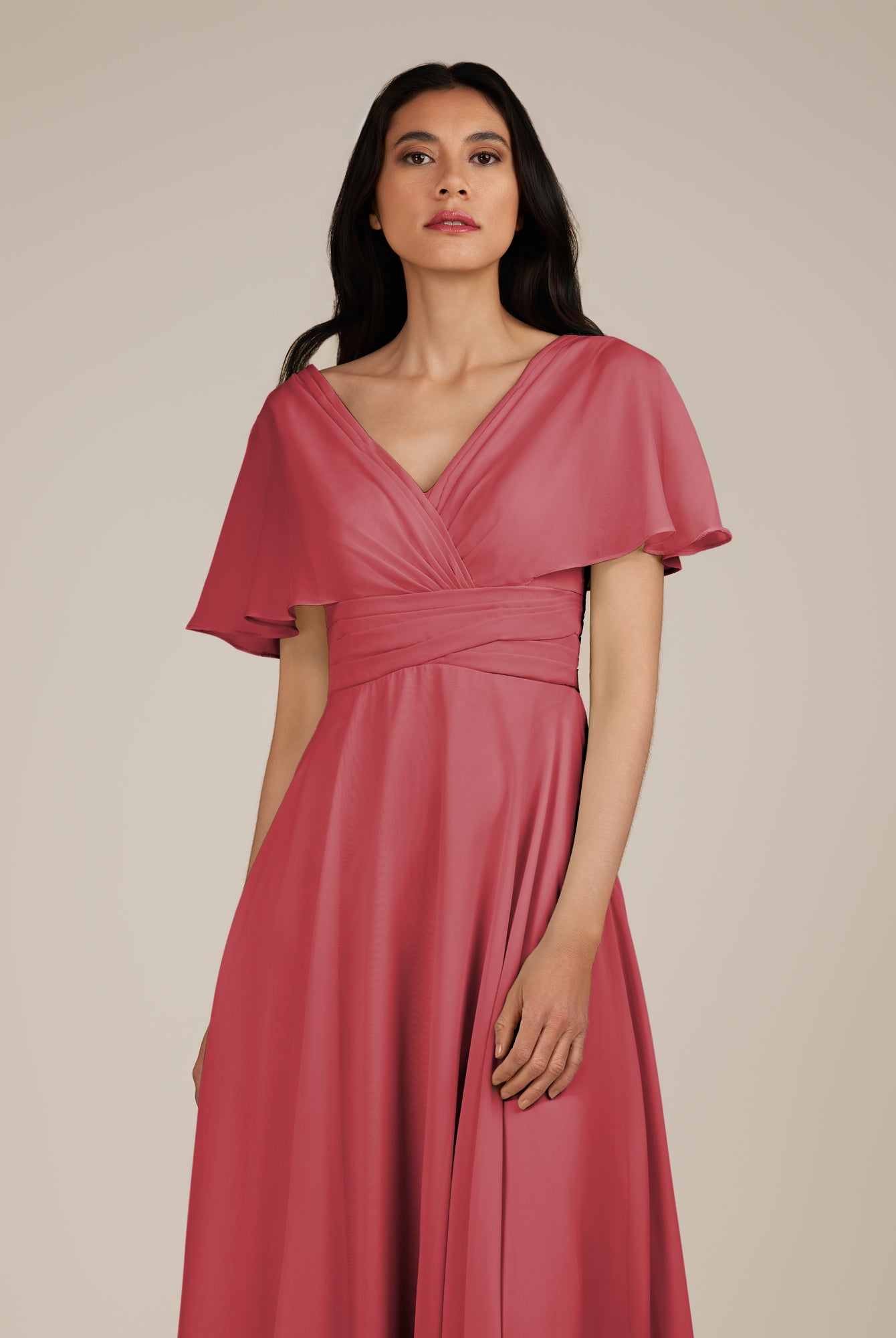 KissDress-Jasper Merlot A Line Chiffon Cap Sleeves V Neck Long Bridesmaid Dress with Pleats