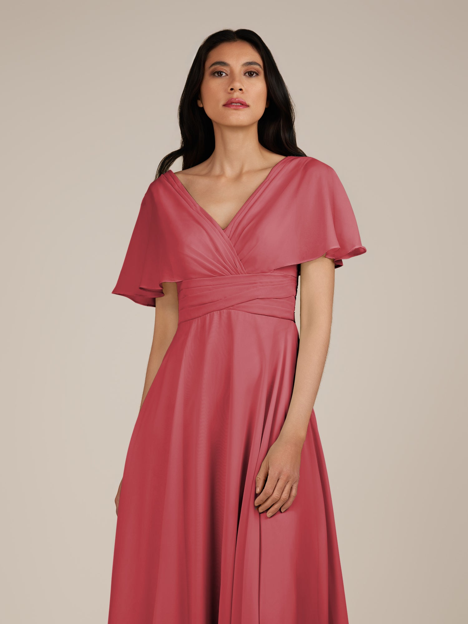 KissDress-Jasper Merlot A Line Chiffon Cap Sleeves V Neck Long Bridesmaid Dress with Pleats