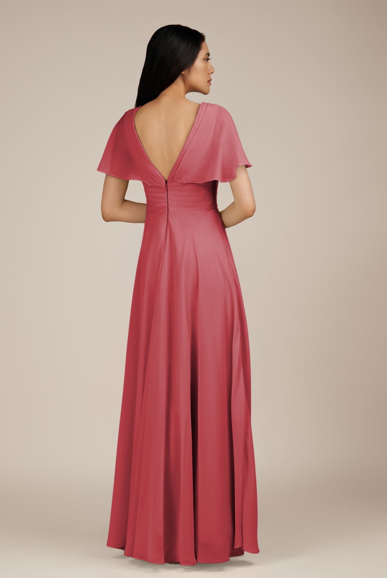 KissDress-Jasper Merlot A Line Chiffon Cap Sleeves V Neck Long Bridesmaid Dress with Pleats