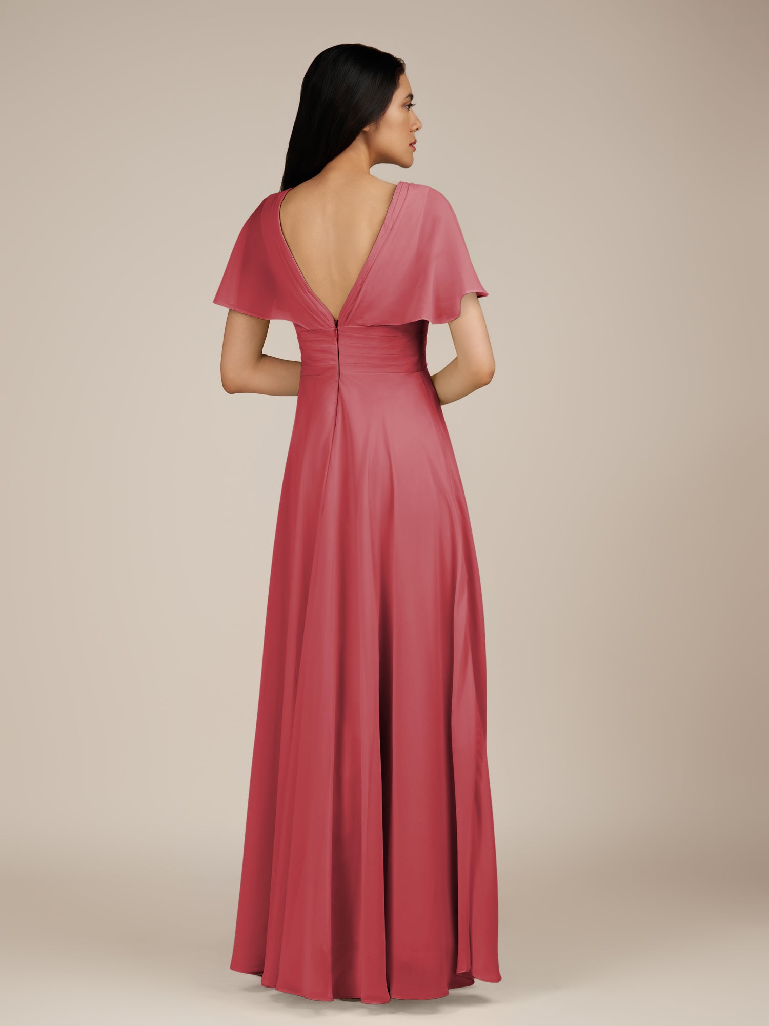 KissDress-Jasper Merlot A Line Chiffon Cap Sleeves V Neck Long Bridesmaid Dress with Pleats