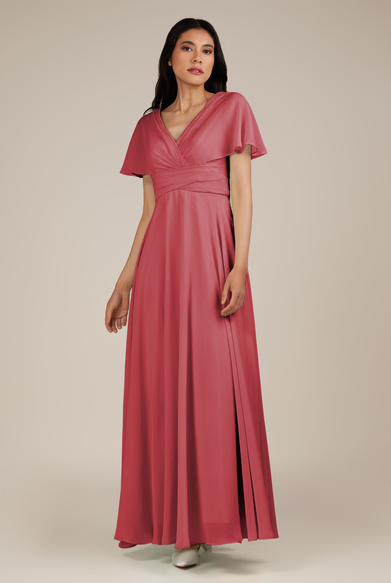 KissDress-Jasper Merlot A Line Chiffon Cap Sleeves V Neck Long Bridesmaid Dress with Pleats