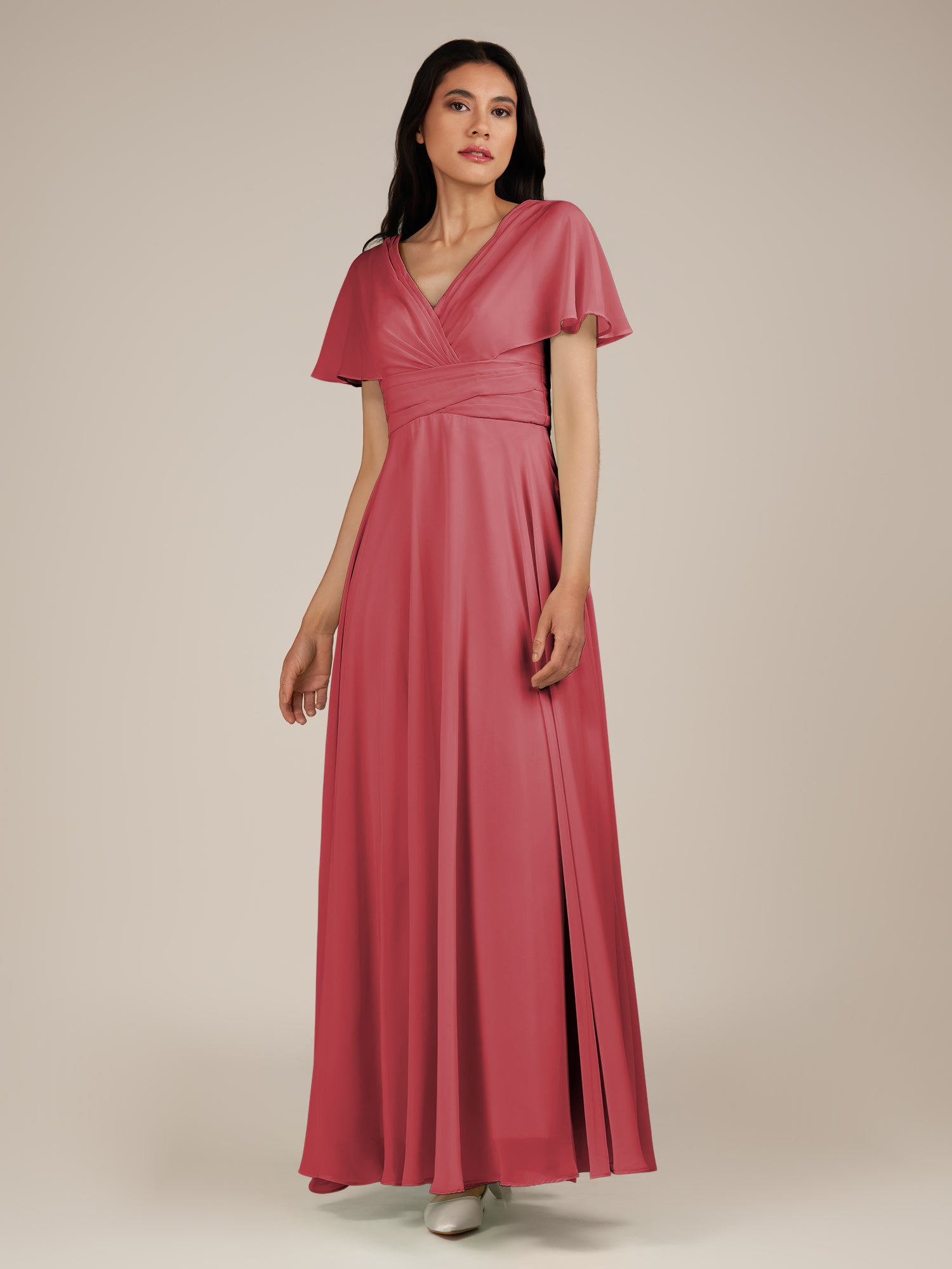 KissDress-Jasper Merlot A Line Chiffon Cap Sleeves V Neck Long Bridesmaid Dress with Pleats