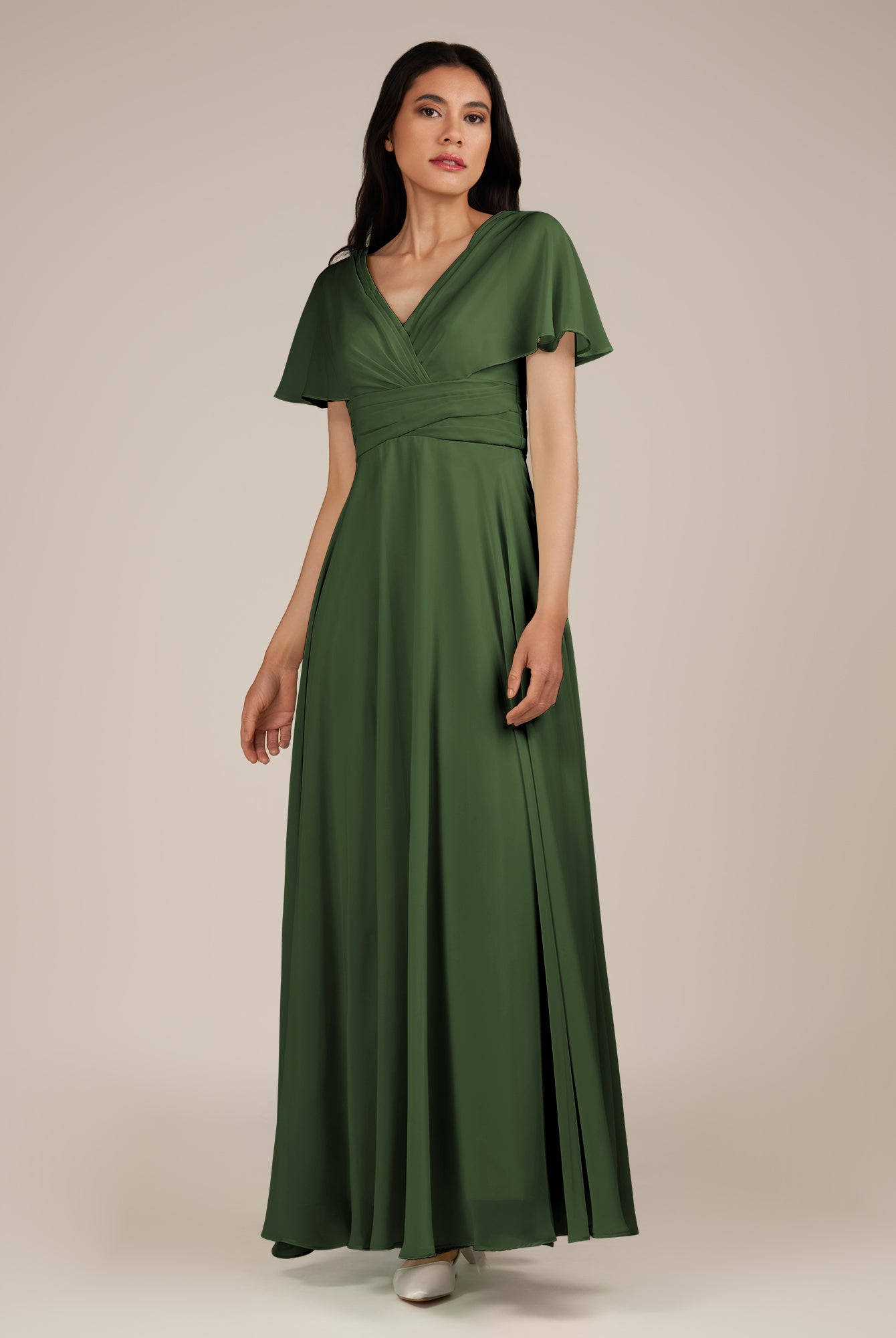 KissDress-Jasper Moss A Line Chiffon Cap Sleeves V Neck Long Bridesmaid Dress with Pleats