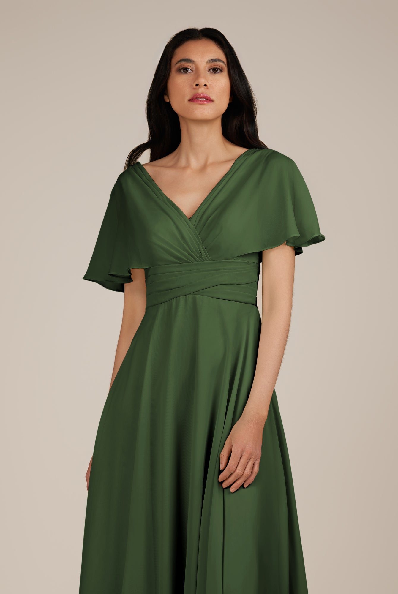 KissDress-Jasper Moss A Line Chiffon Cap Sleeves V Neck Long Bridesmaid Dress with Pleats