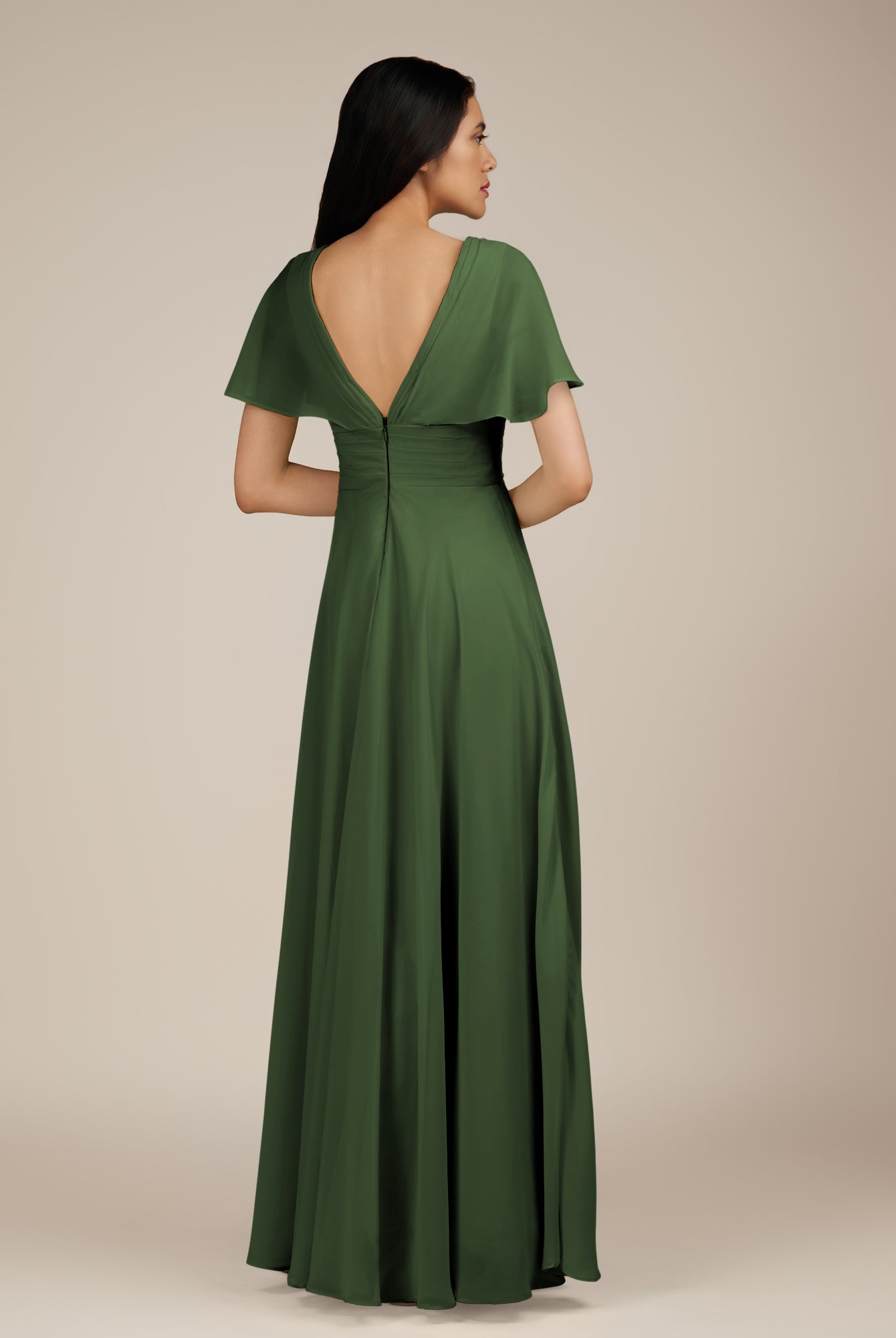 KissDress-Jasper Moss A Line Chiffon Cap Sleeves V Neck Long Bridesmaid Dress with Pleats