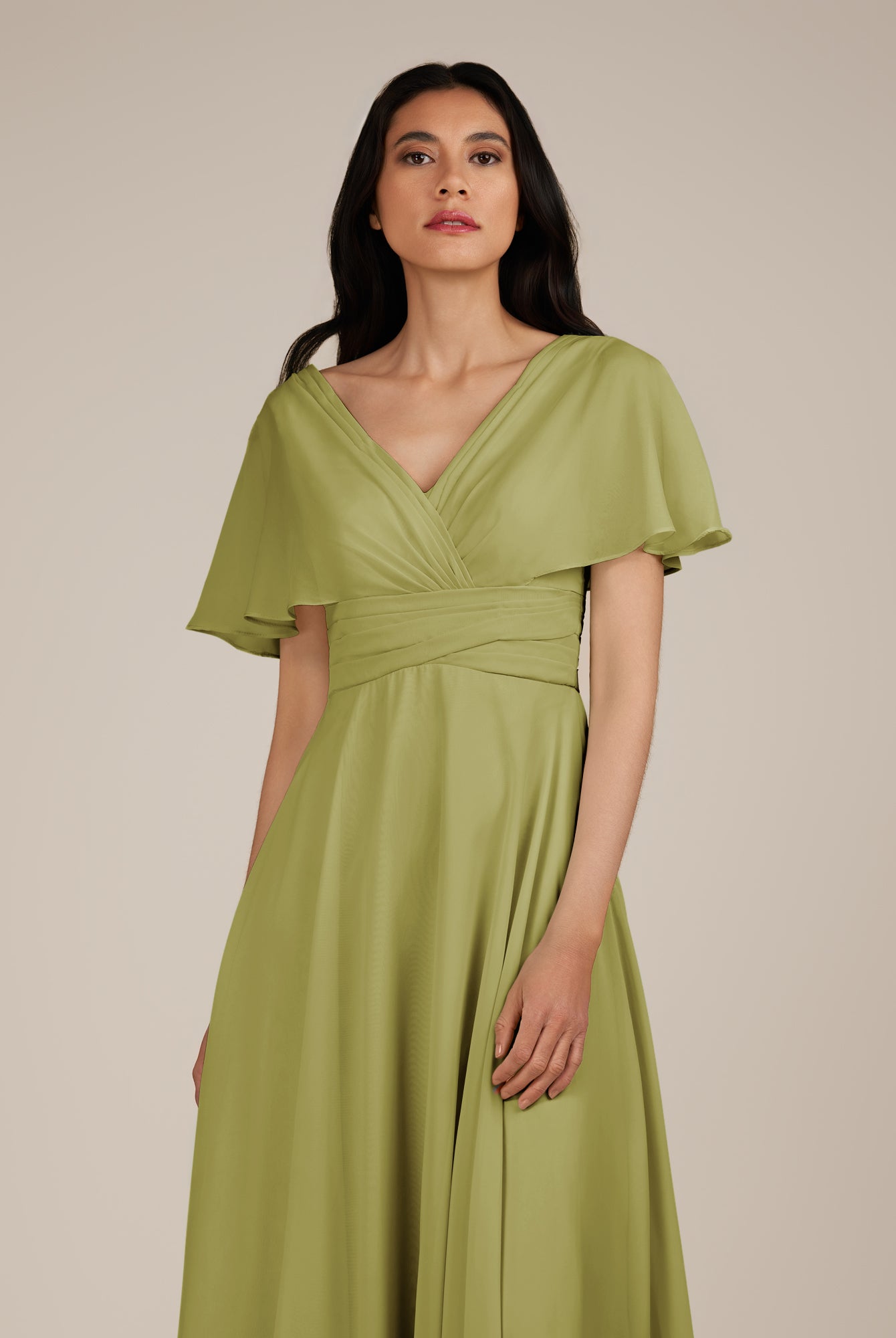 KissDress-Jasper Moss Green A Line Chiffon Cap Sleeves V Neck Long Bridesmaid Dress with Pleats