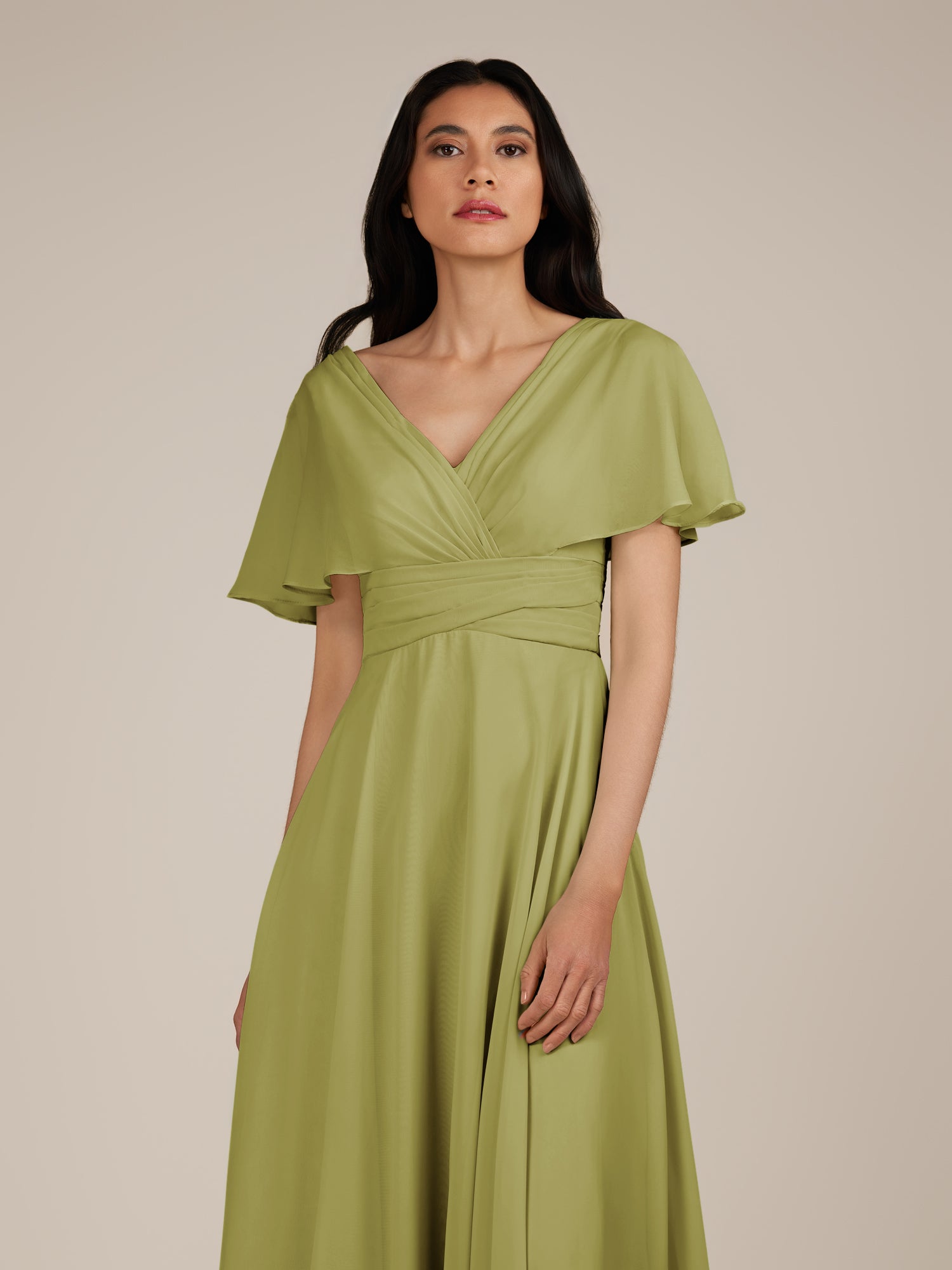 KissDress-Jasper Moss Green A Line Chiffon Cap Sleeves V Neck Long Bridesmaid Dress with Pleats