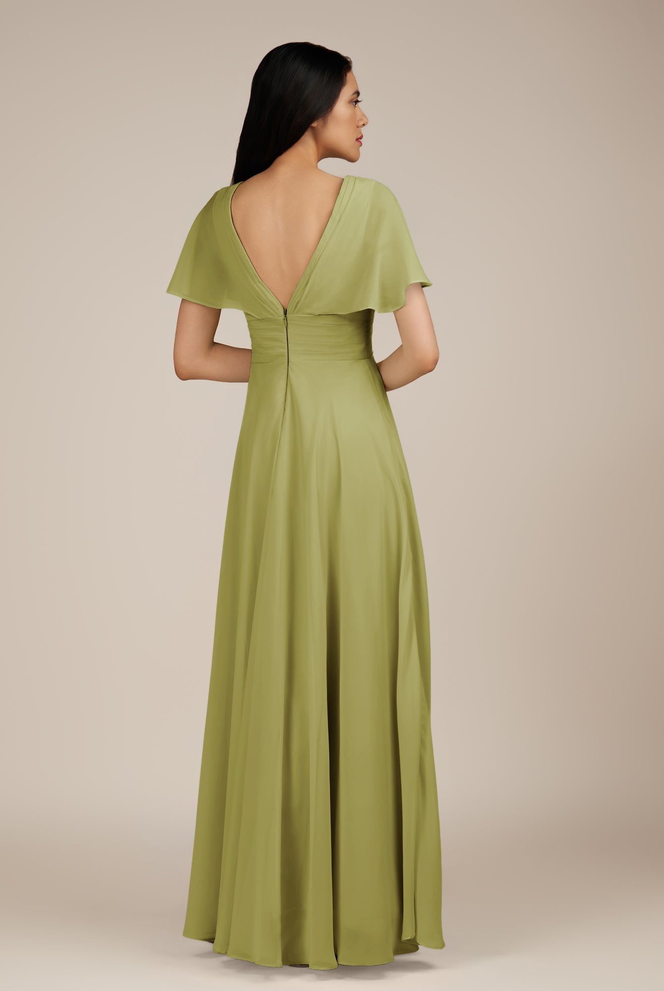 KissDress-Jasper Moss Green A Line Chiffon Cap Sleeves V Neck Long Bridesmaid Dress with Pleats